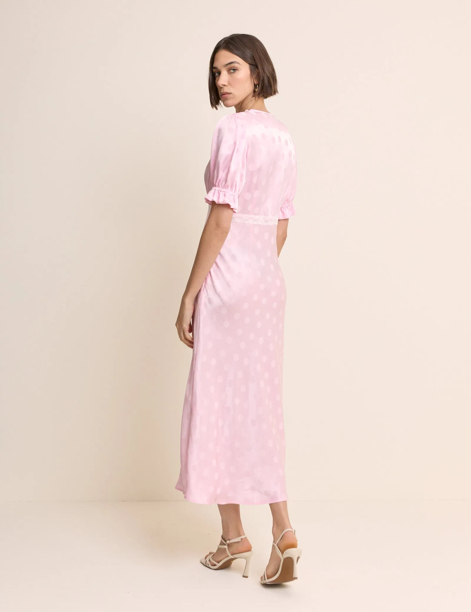 Pink Polka Dot Satin Puff Sleeve Angela Midi Dress sold by Nobody's Child product image thumbnail 5