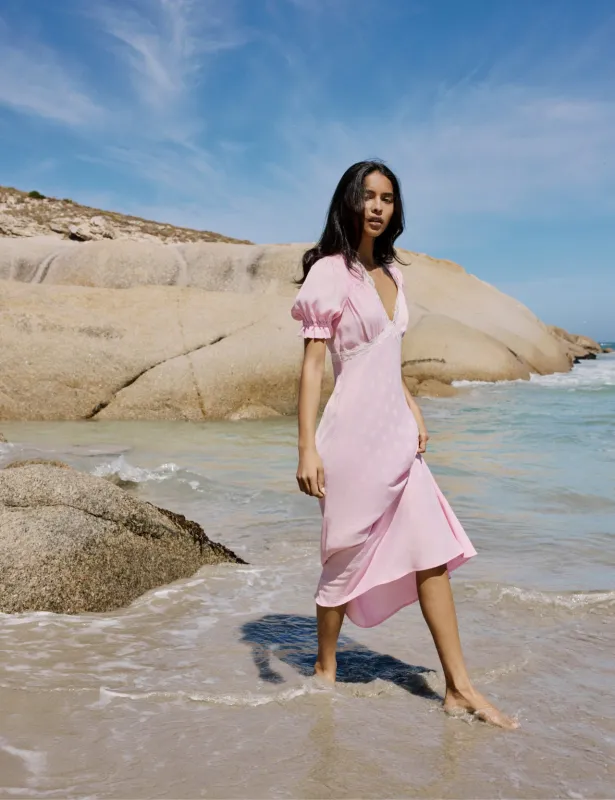 Pink Polka Dot Satin Puff Sleeve Angela Midi Dress made by Nobody's Child