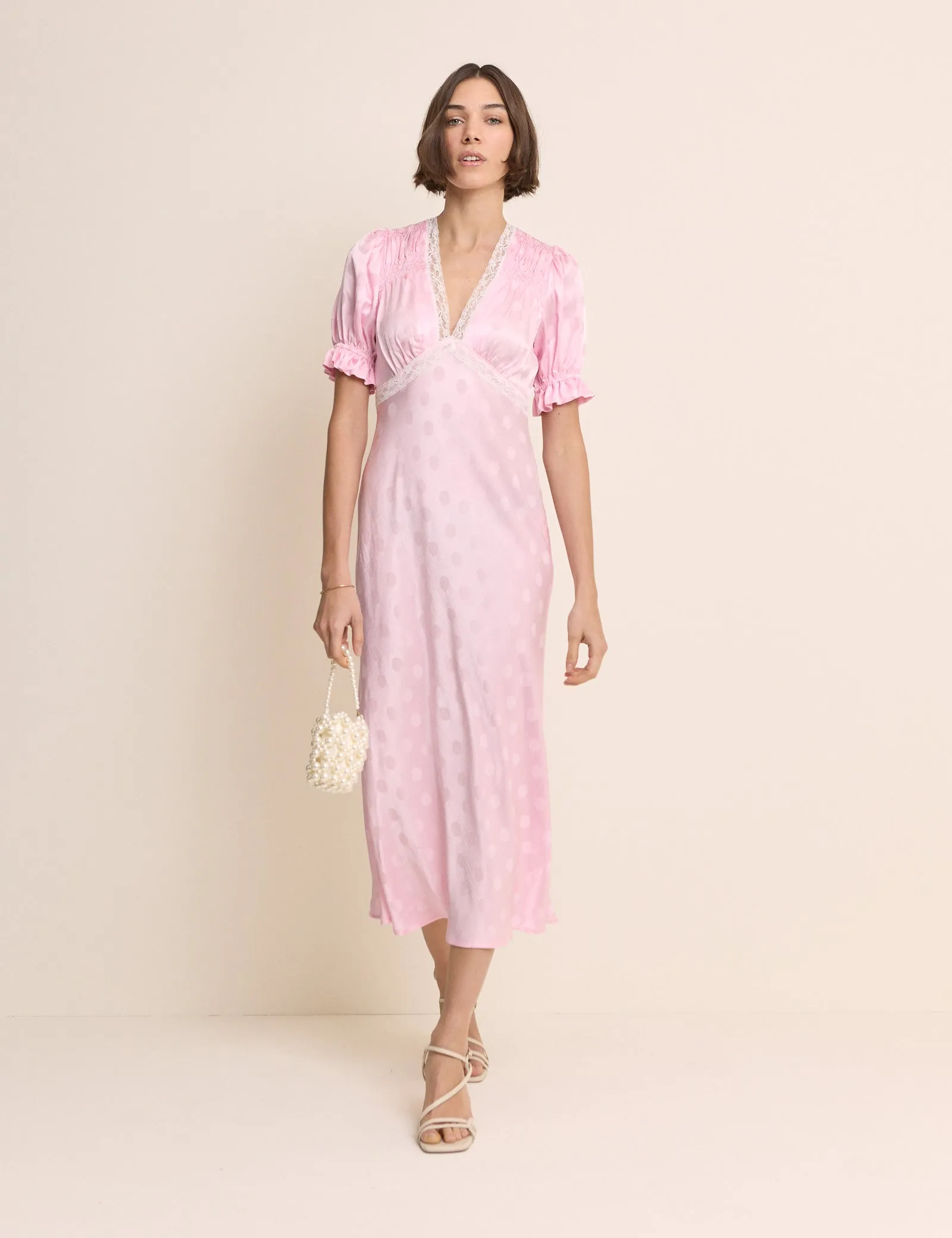Pink Polka Dot Satin Puff Sleeve Angela Midi Dress sold by Nobody's Child product image thumbnail 2