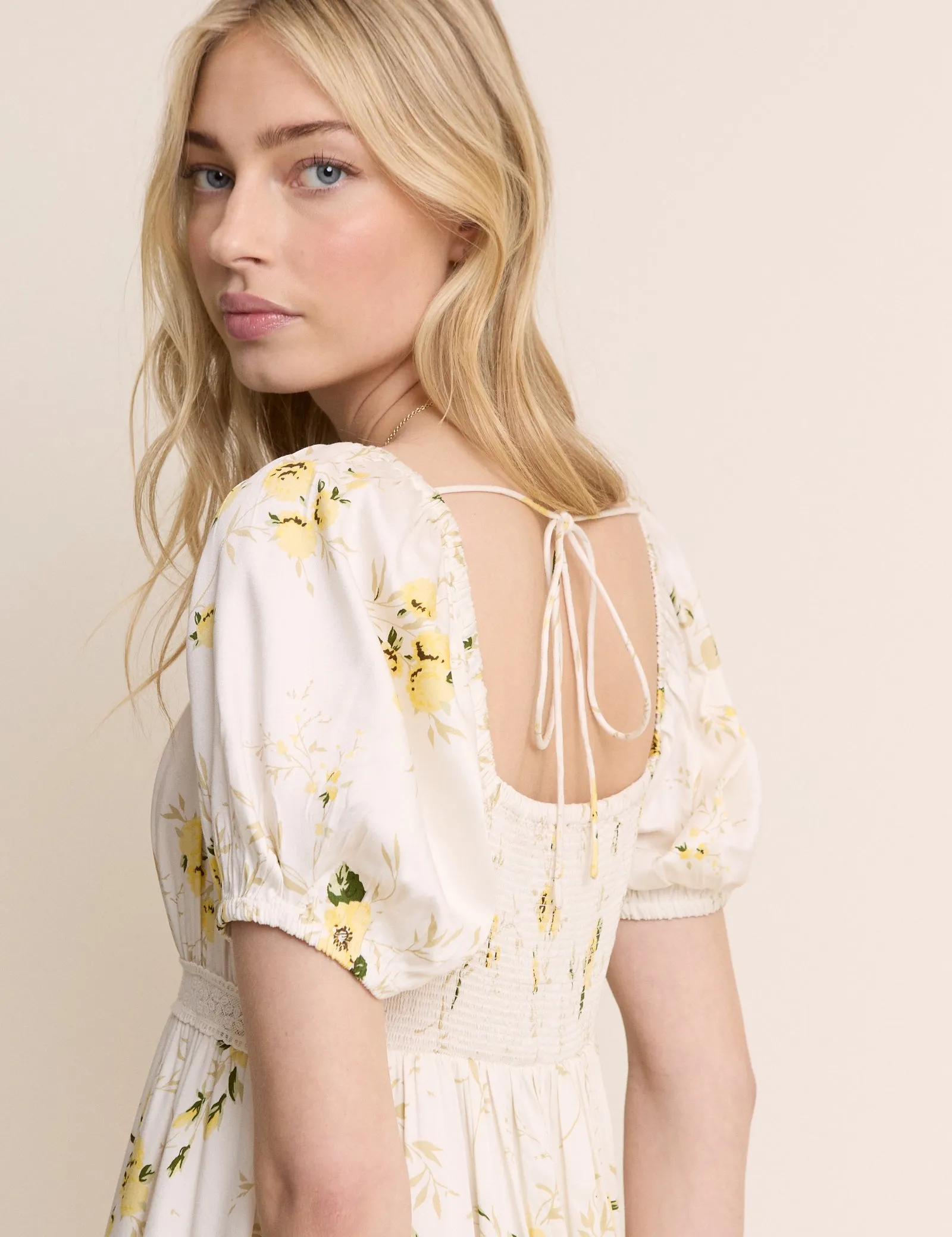 White Floral Puff Sleeve Maryam Midi Dress sold by Nobody's Child product image thumbnail 4