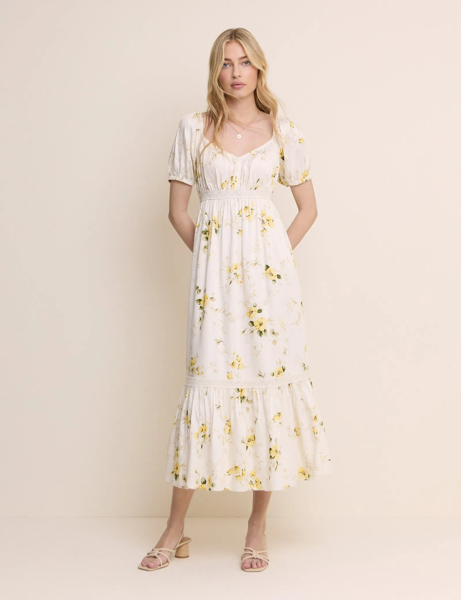 White Floral Puff Sleeve Maryam Midi Dress sold by Nobody's Child product image thumbnail 2