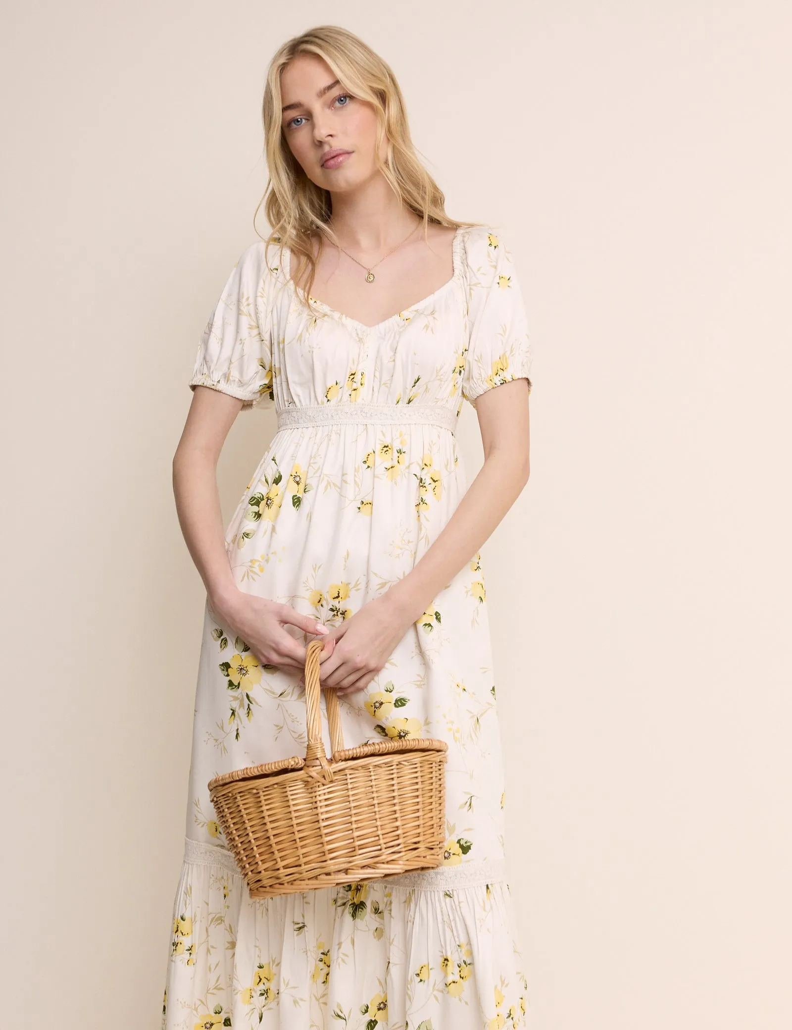 White Floral Puff Sleeve Maryam Midi Dress sold by Nobody's Child