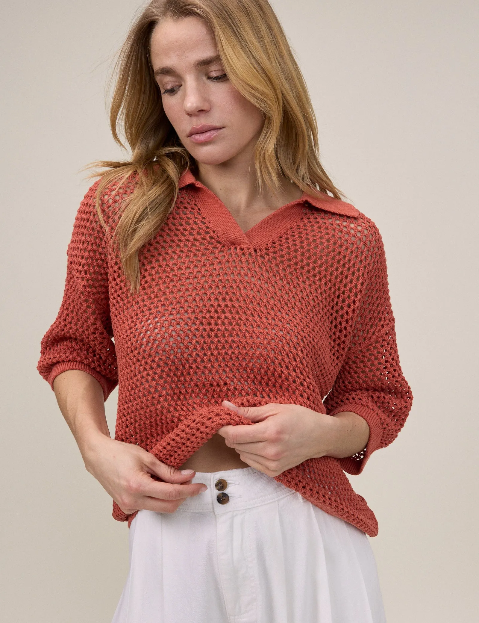 Orange Open Collar Polo Knitted Top sold by Nobody's Child