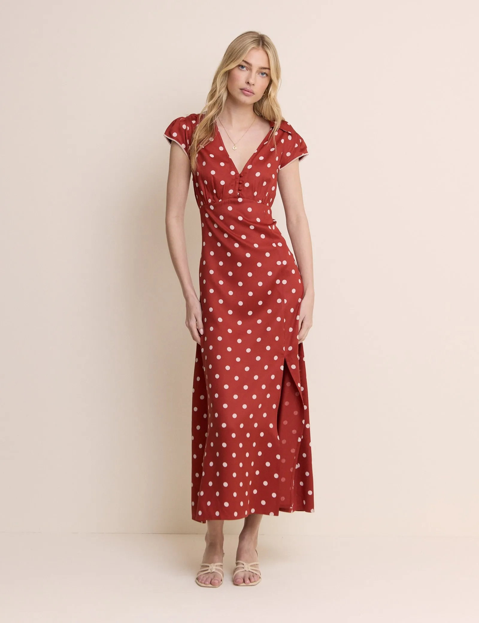 Red Polka Dot Collared Norma Midi Dress sold by Nobody's Child