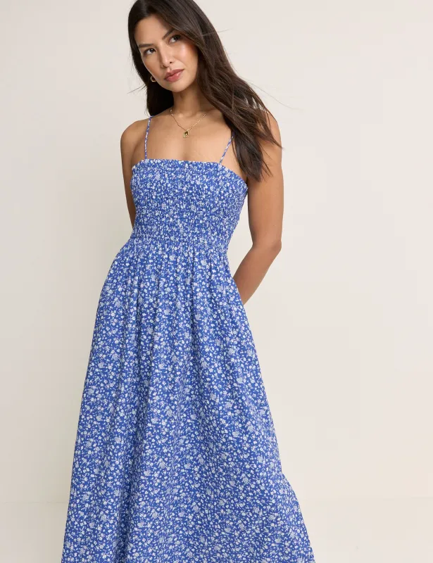 Blue Floral Shirred Rita Midi Dress made by Nobody's Child