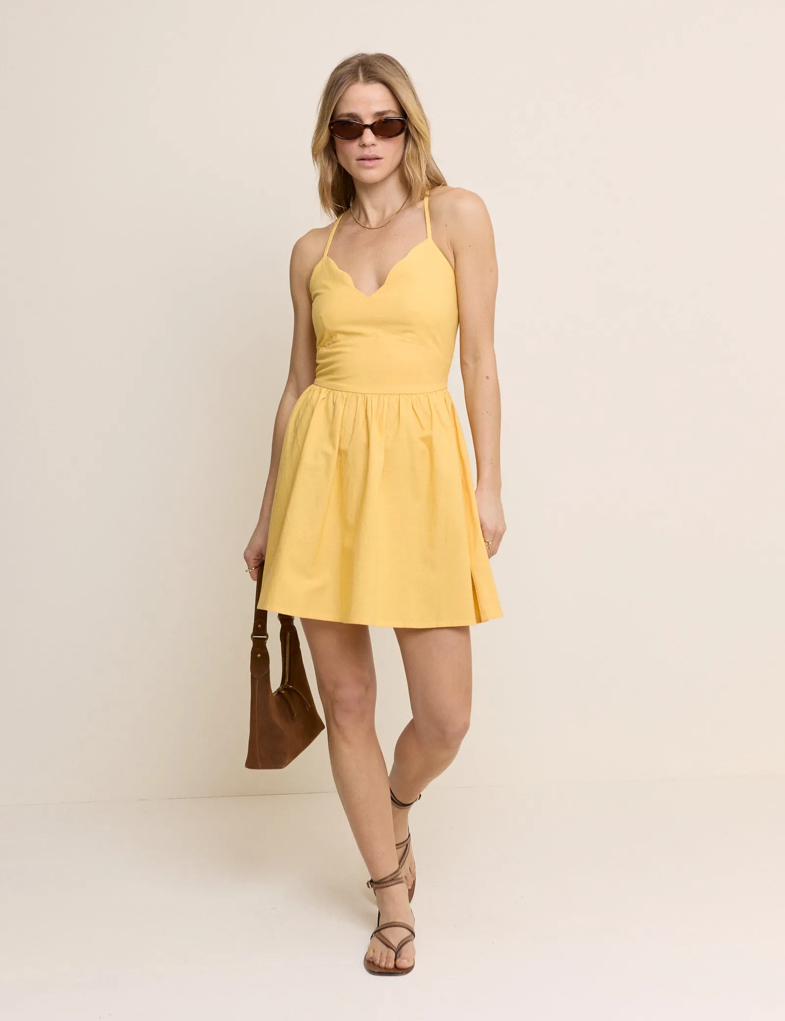 Yellow Scallop Trim Jenna Mini Dress sold by Nobody's Child