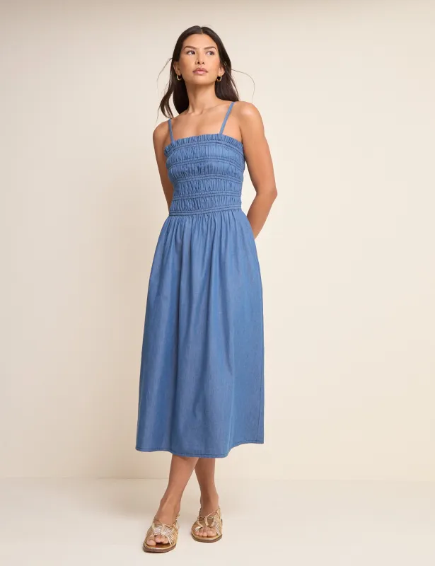 Mid-Wash Denim Shirred Faith Midi Dress made by Nobody's Child