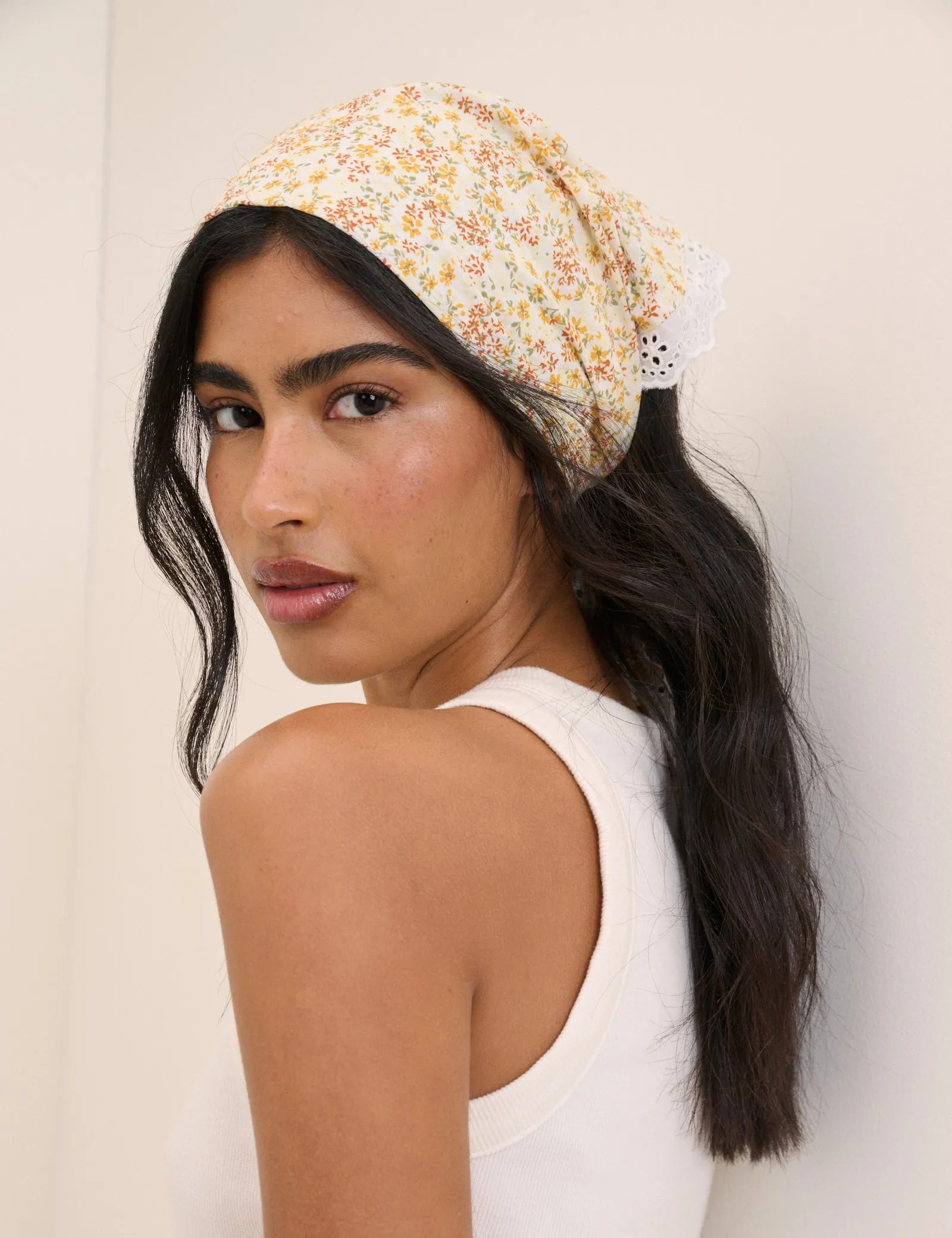 Yellow Ditsy Floral Lace Trim Triangle Scarf sold by Nobody's Child product image thumbnail 2