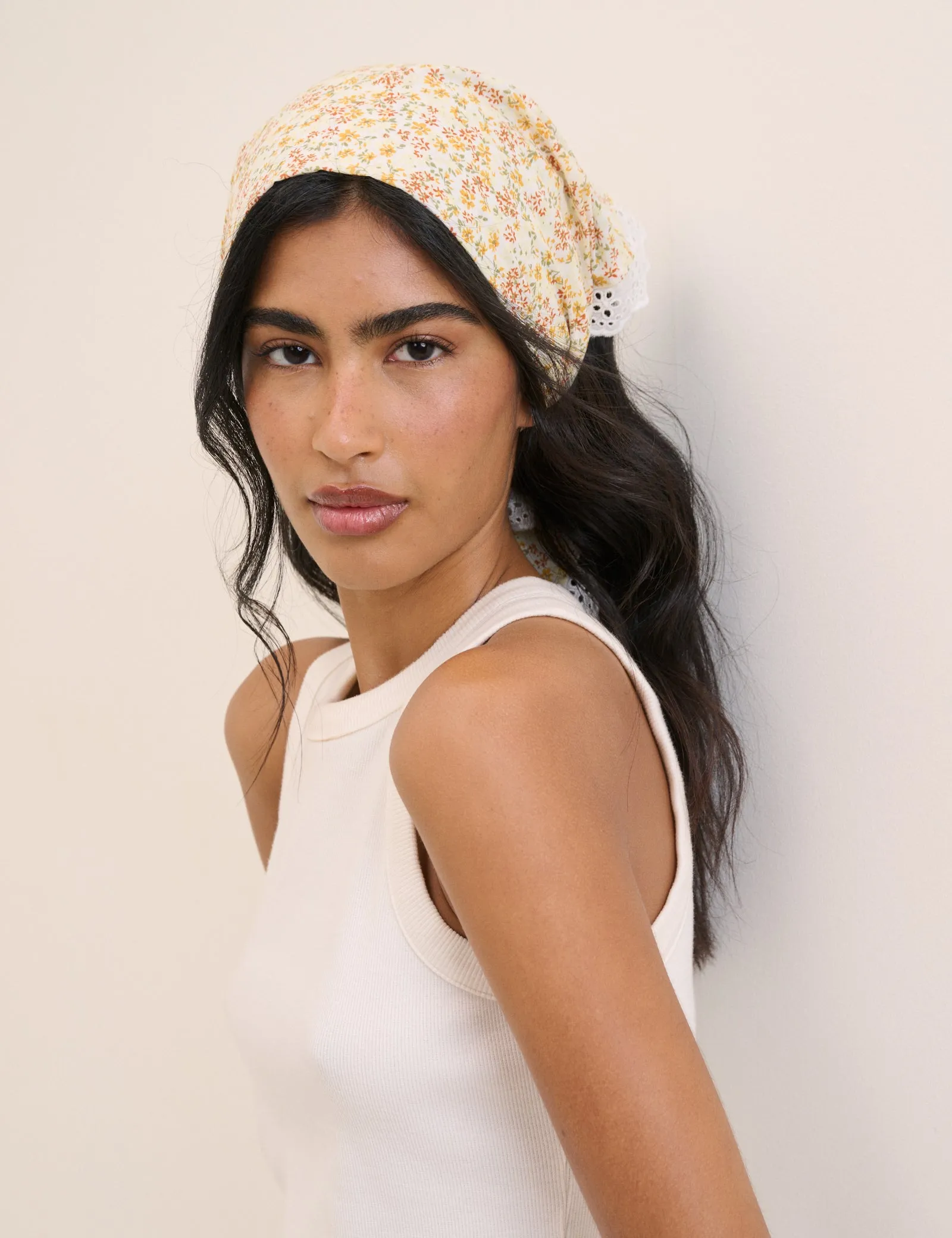 Yellow Ditsy Floral Lace Trim Triangle Scarf sold by Nobody's Child product image thumbnail 4