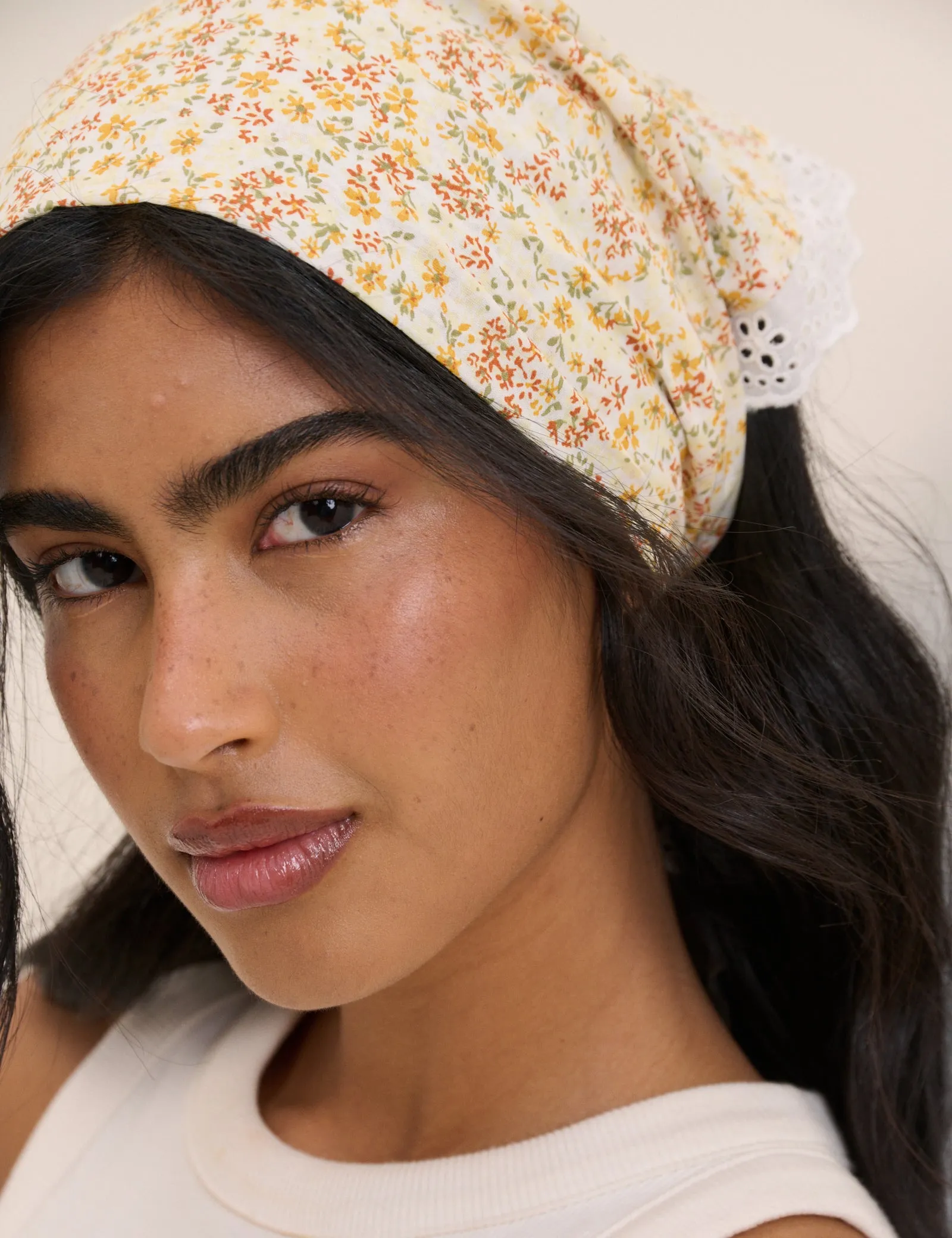 Yellow Ditsy Floral Lace Trim Triangle Scarf sold by Nobody's Child product image thumbnail 5