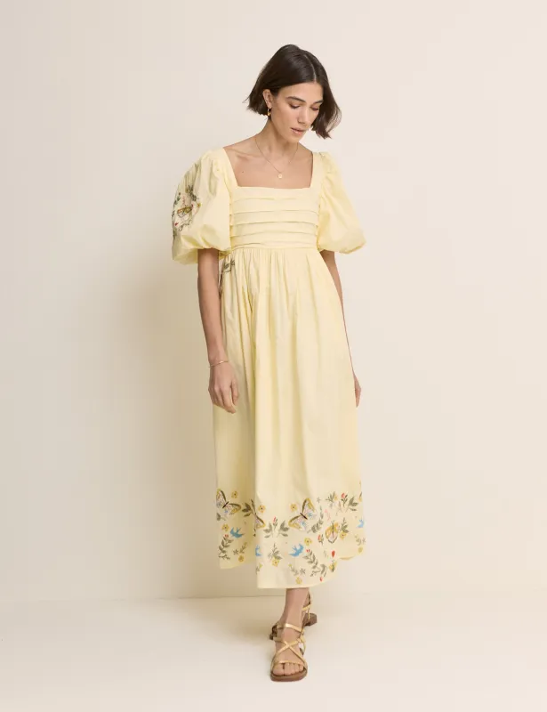 Butter Yellow Embroidered Pleated Nova Midi Dress made by Nobody's Child