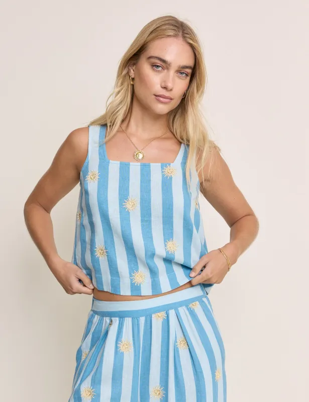Blue Striped Embroidered Linen-Blend Top made by Nobody's Child