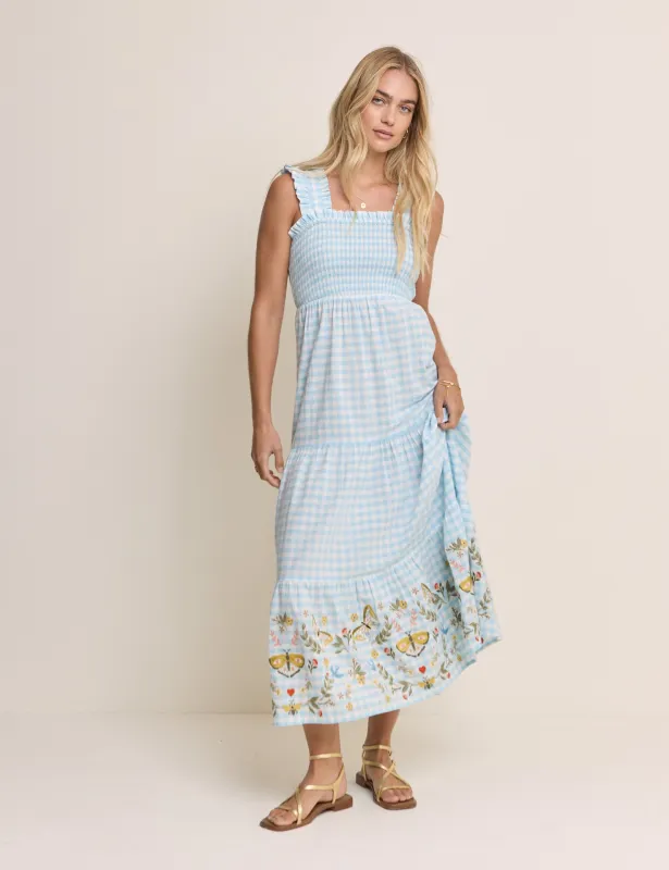 Blue Gingham Embroidered Stacey Midi Dress made by Nobody's Child