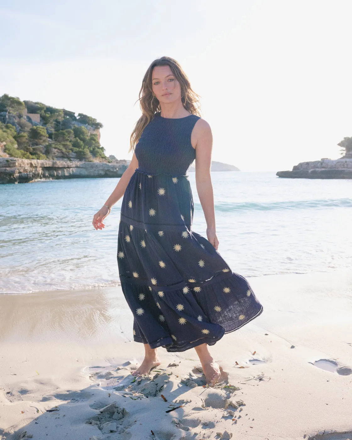 Navy Embroidered Tiered Calloway Midi Dress sold by Nobody's Child