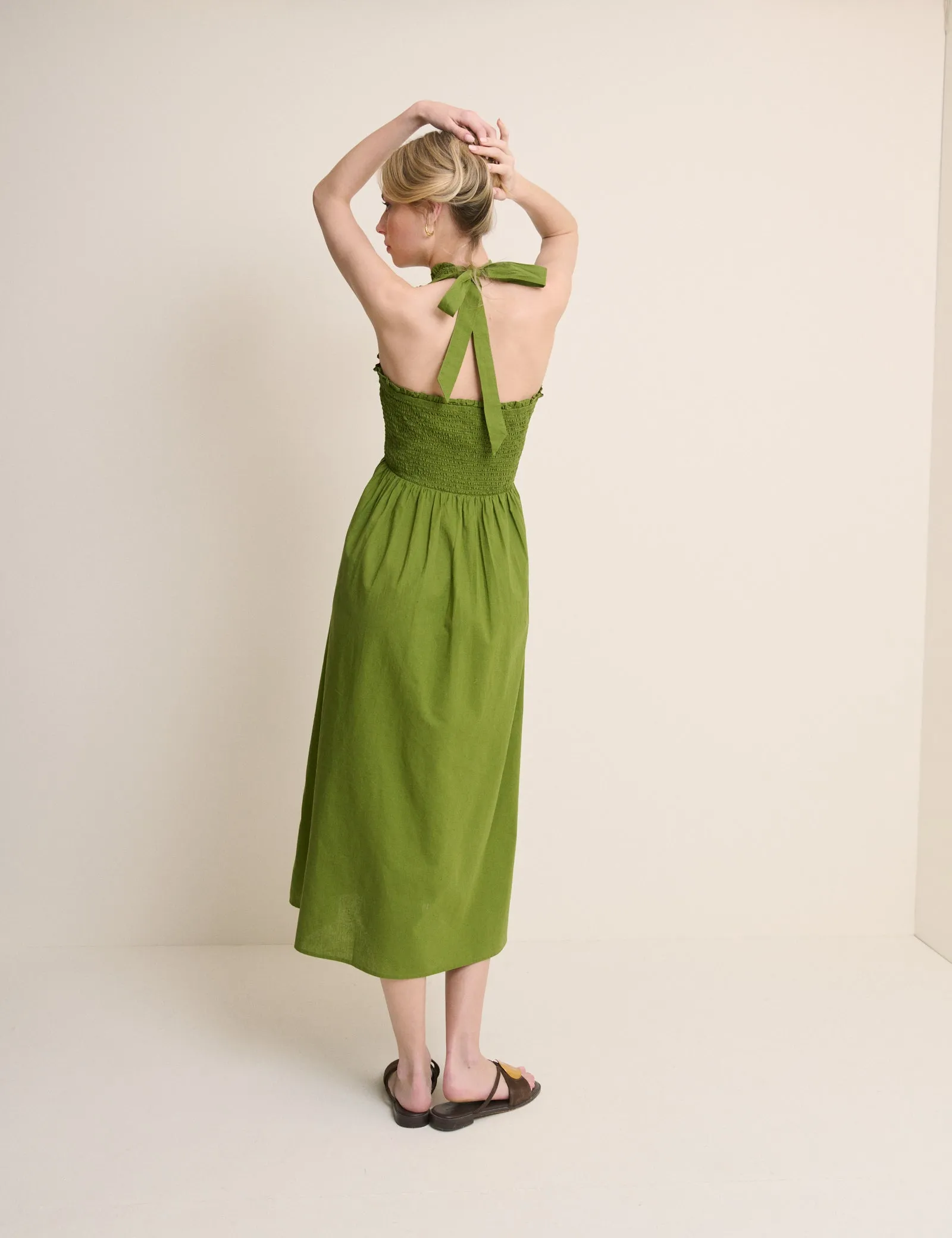 Green Shirred Halterneck Caterina Midi Dress sold by Nobody's Child product image thumbnail 5