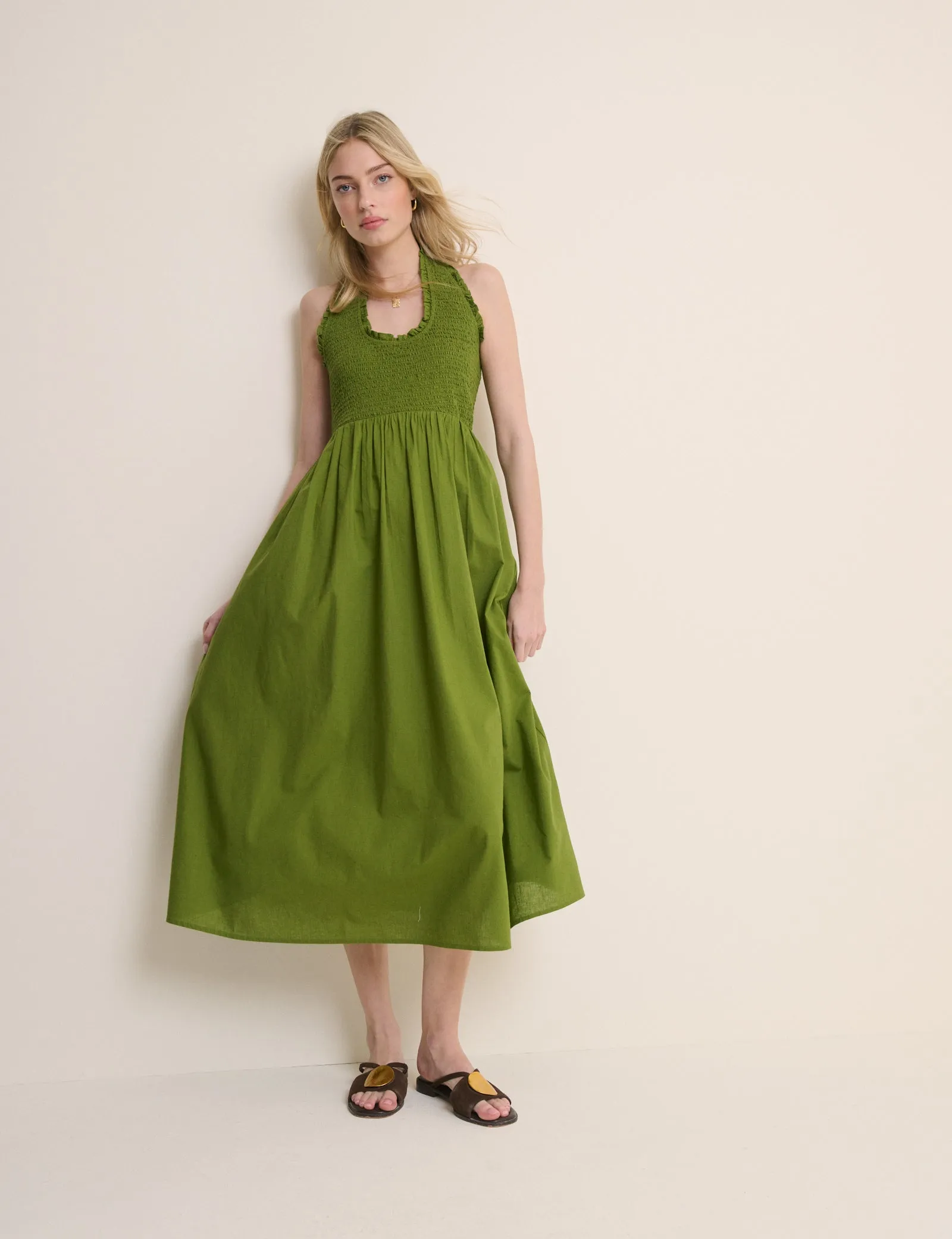 Green Shirred Halterneck Caterina Midi Dress sold by Nobody's Child product image thumbnail 3
