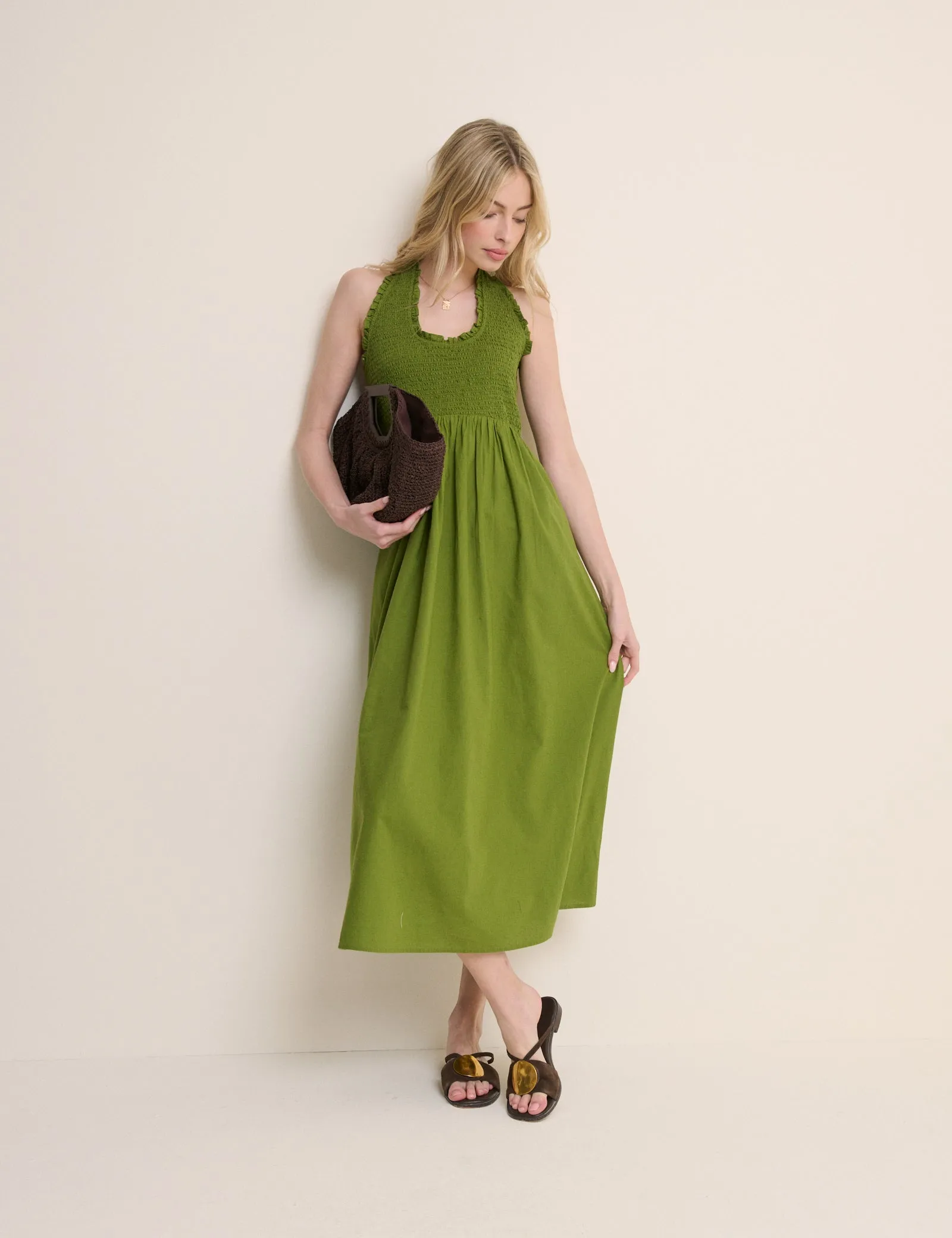 Green Shirred Halterneck Caterina Midi Dress sold by Nobody's Child