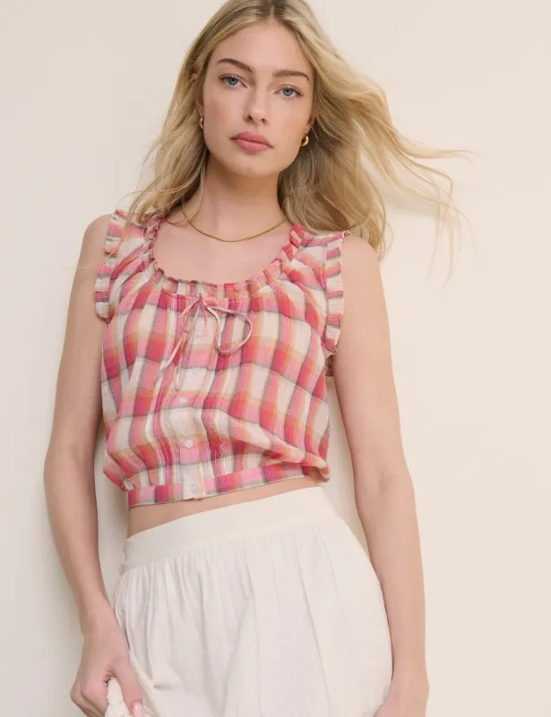 Red Check Ruffle Trim Scoop Neck Blouse made by Nobody's Child
