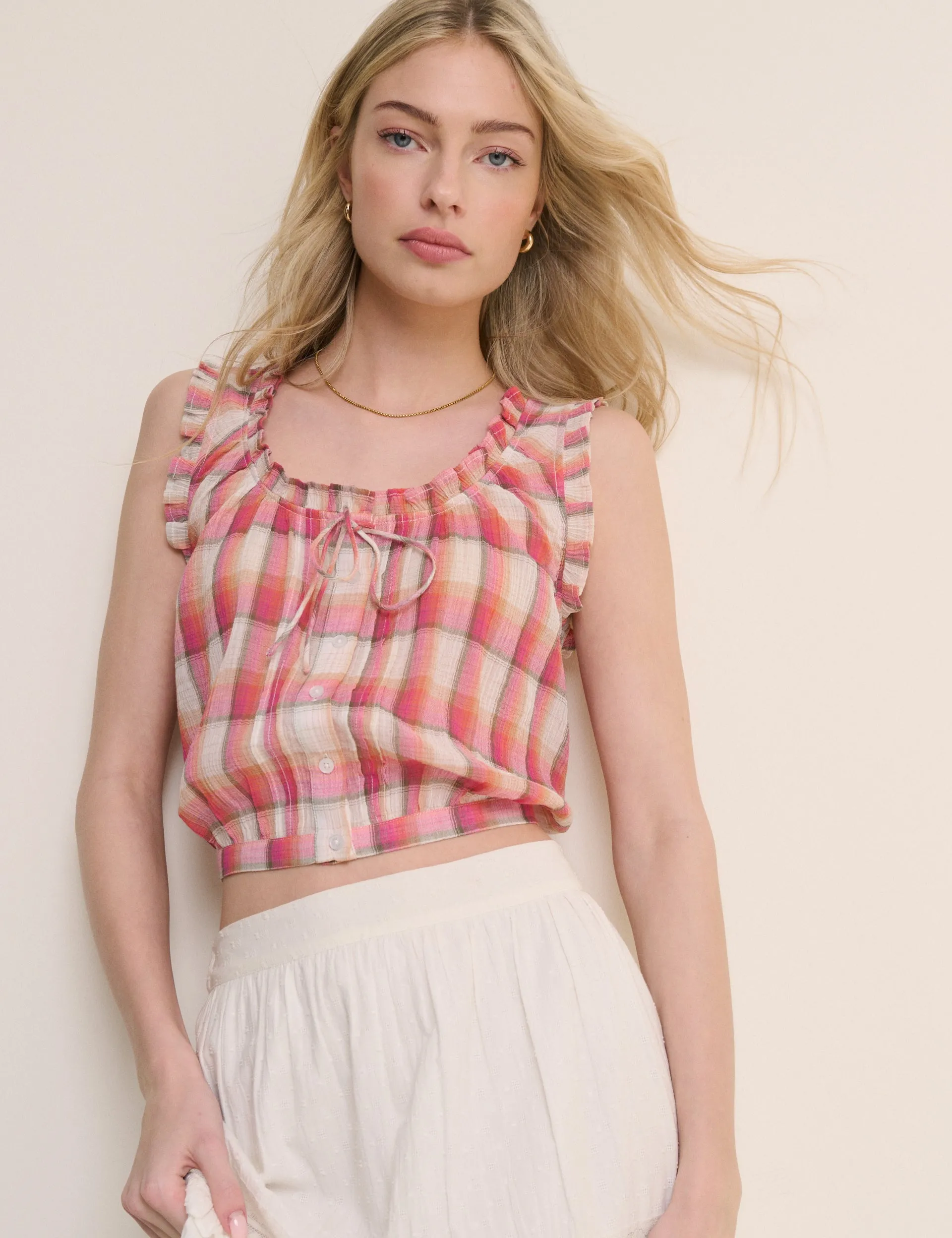 Red Check Ruffle Trim Scoop Neck Blouse sold by Nobody's Child