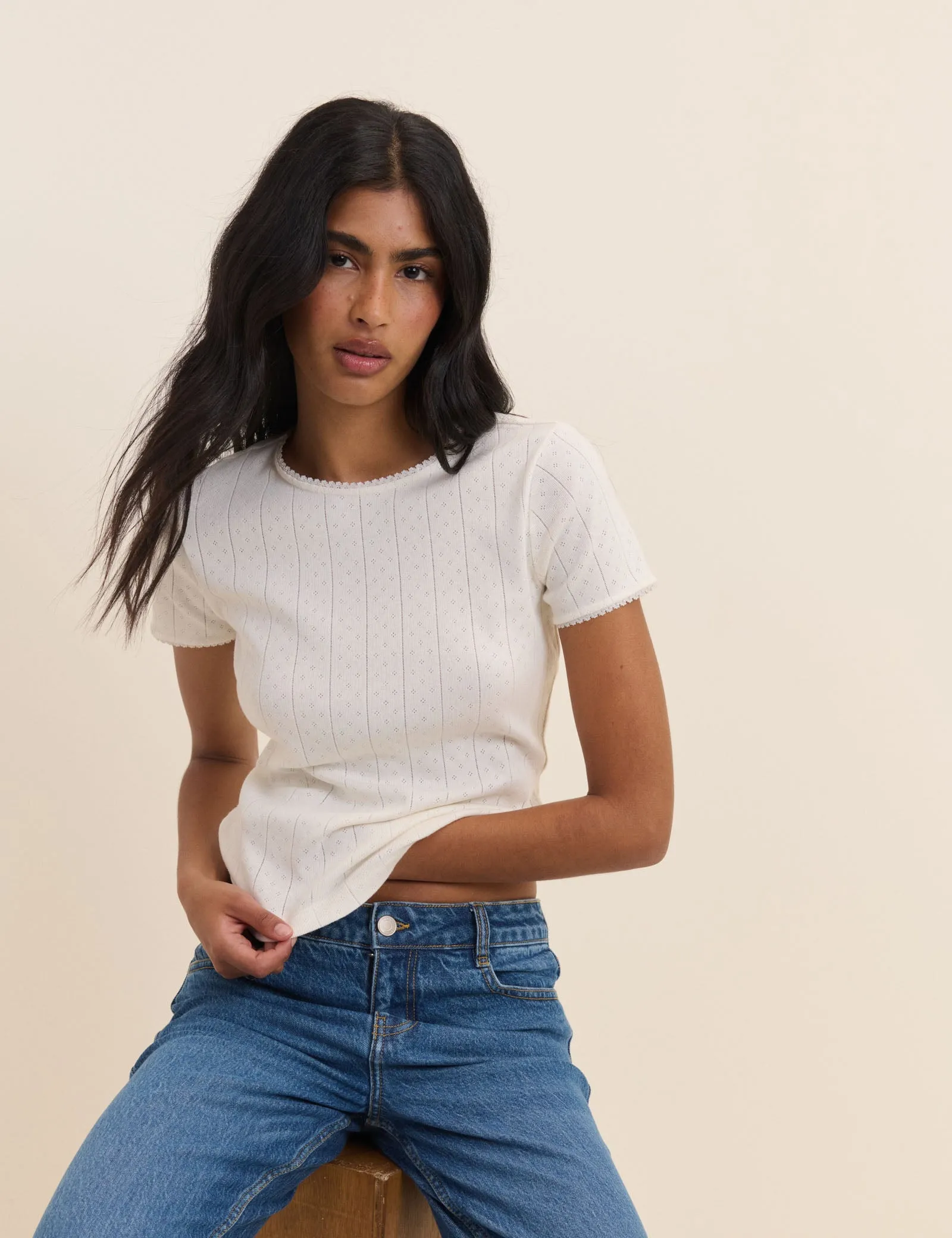 White Pointelle Lace Trim Tee sold by Nobody's Child product image thumbnail 3