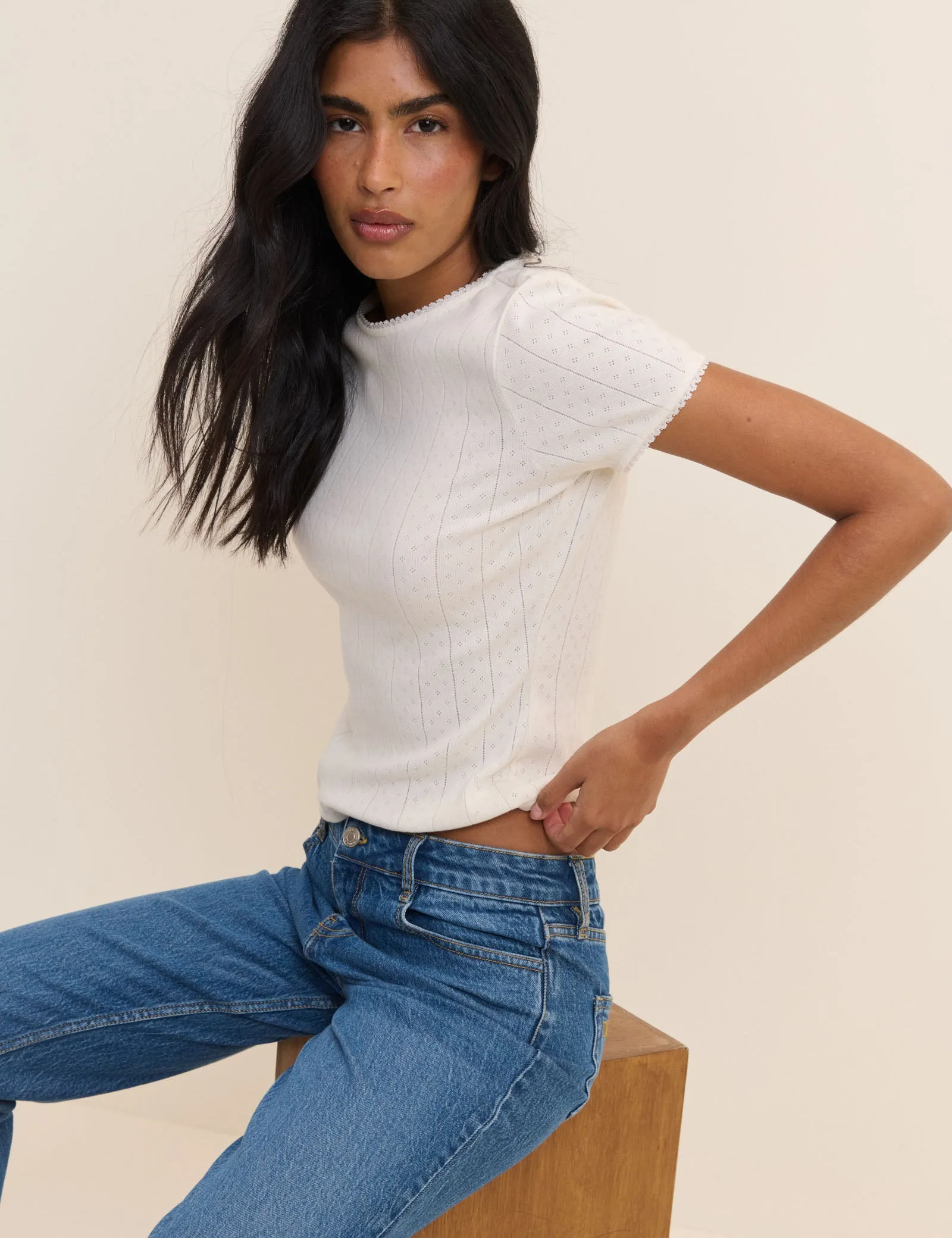 White Pointelle Lace Trim Tee sold by Nobody's Child product image thumbnail 4