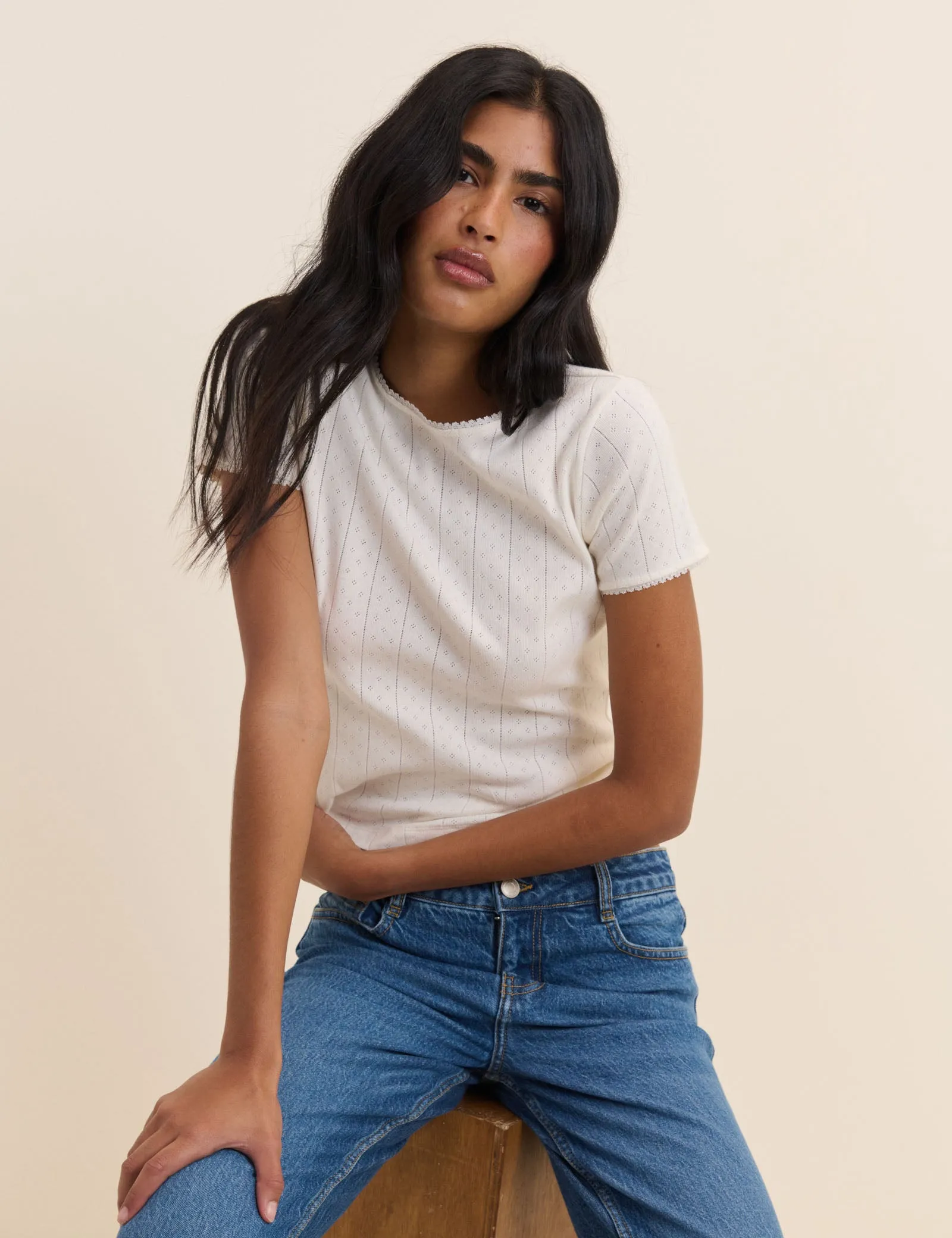 White Pointelle Lace Trim Tee sold by Nobody's Child product image thumbnail 5