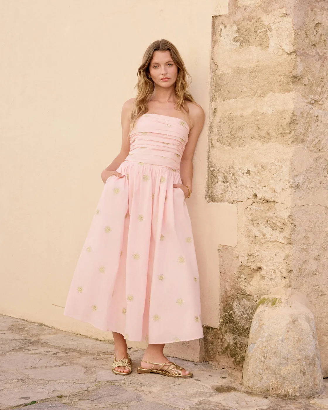 Pink Sun Embroidered Bandeau Alice Midi Dress sold by Nobody's Child