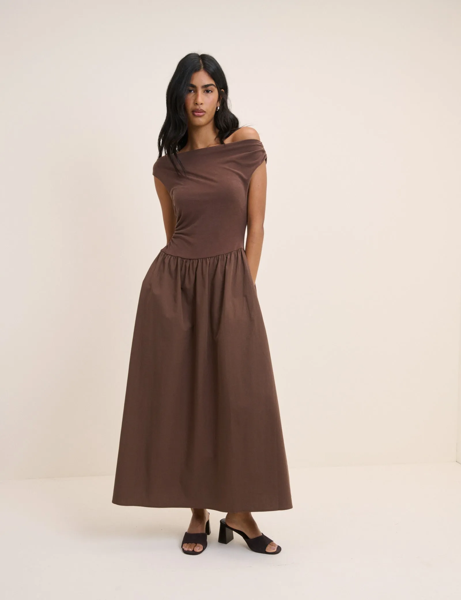 Brown Draped Off Shoulder Beth Midi Dress sold by Nobody's Child product image thumbnail 3