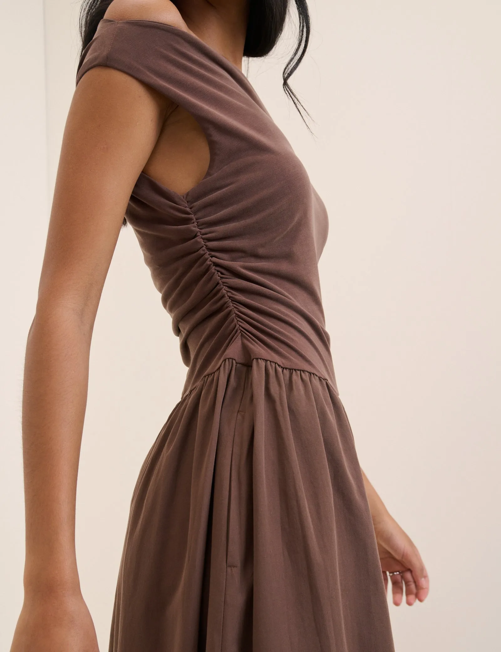 Brown Draped Off Shoulder Beth Midi Dress sold by Nobody's Child product image thumbnail 4