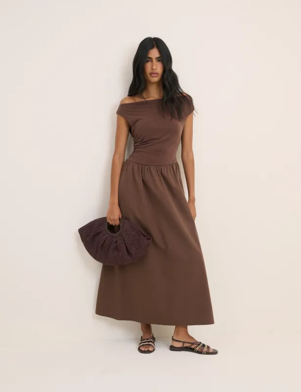 Brown Draped Off Shoulder Beth Midi Dress made by Nobody's Child