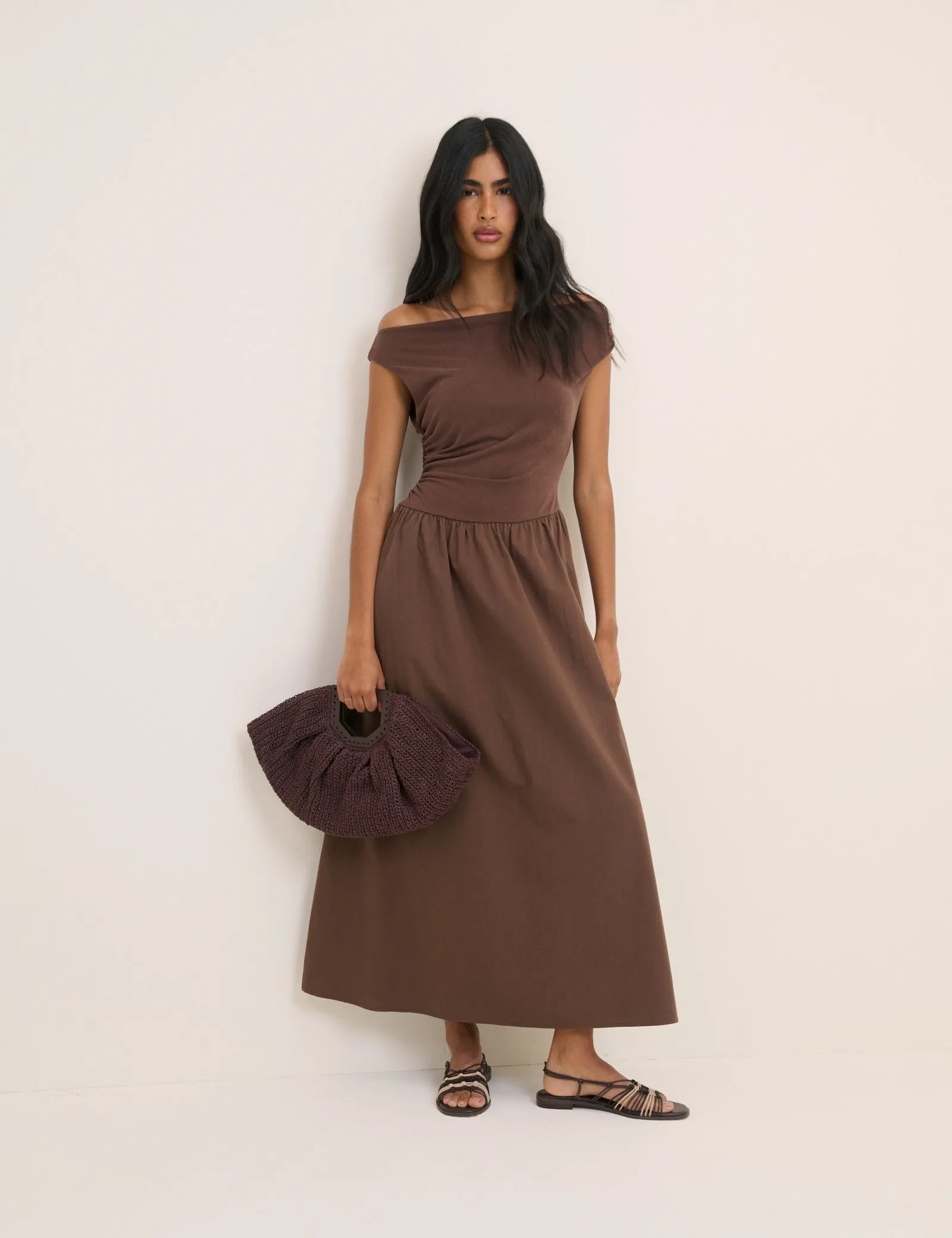 Brown Draped Off Shoulder Beth Midi Dress sold by Nobody's Child