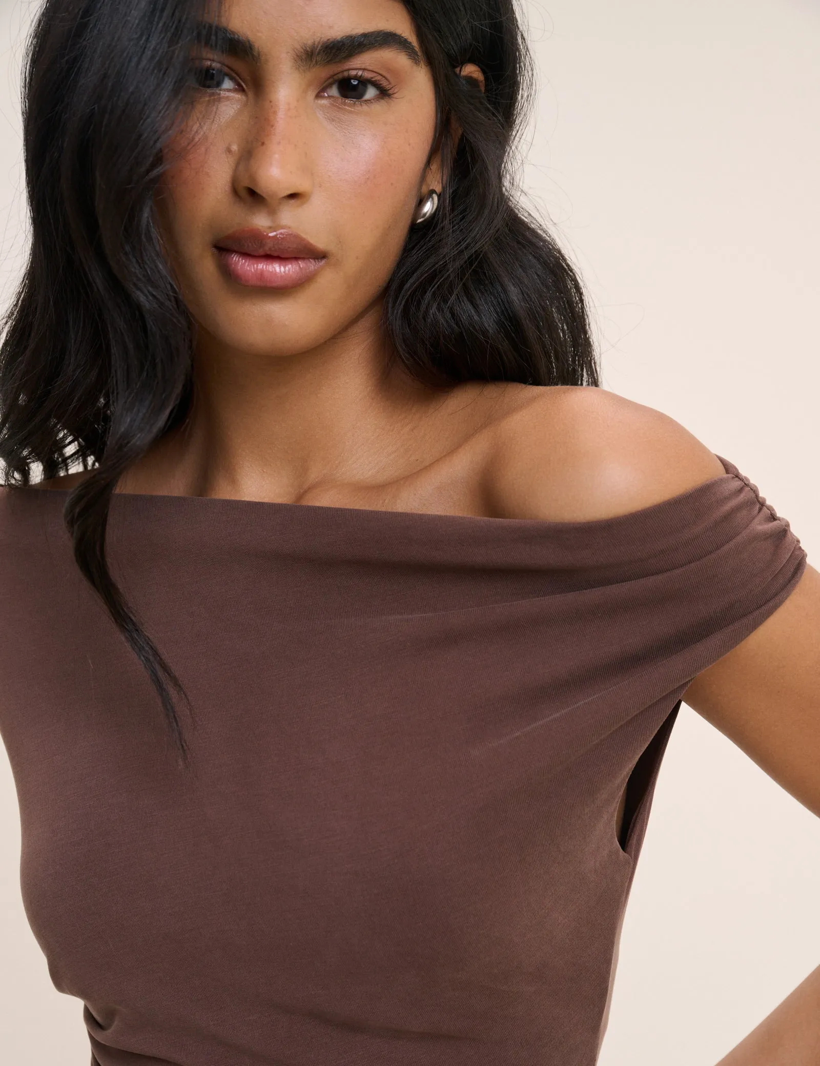 Brown Draped Off Shoulder Beth Midi Dress sold by Nobody's Child product image thumbnail 2