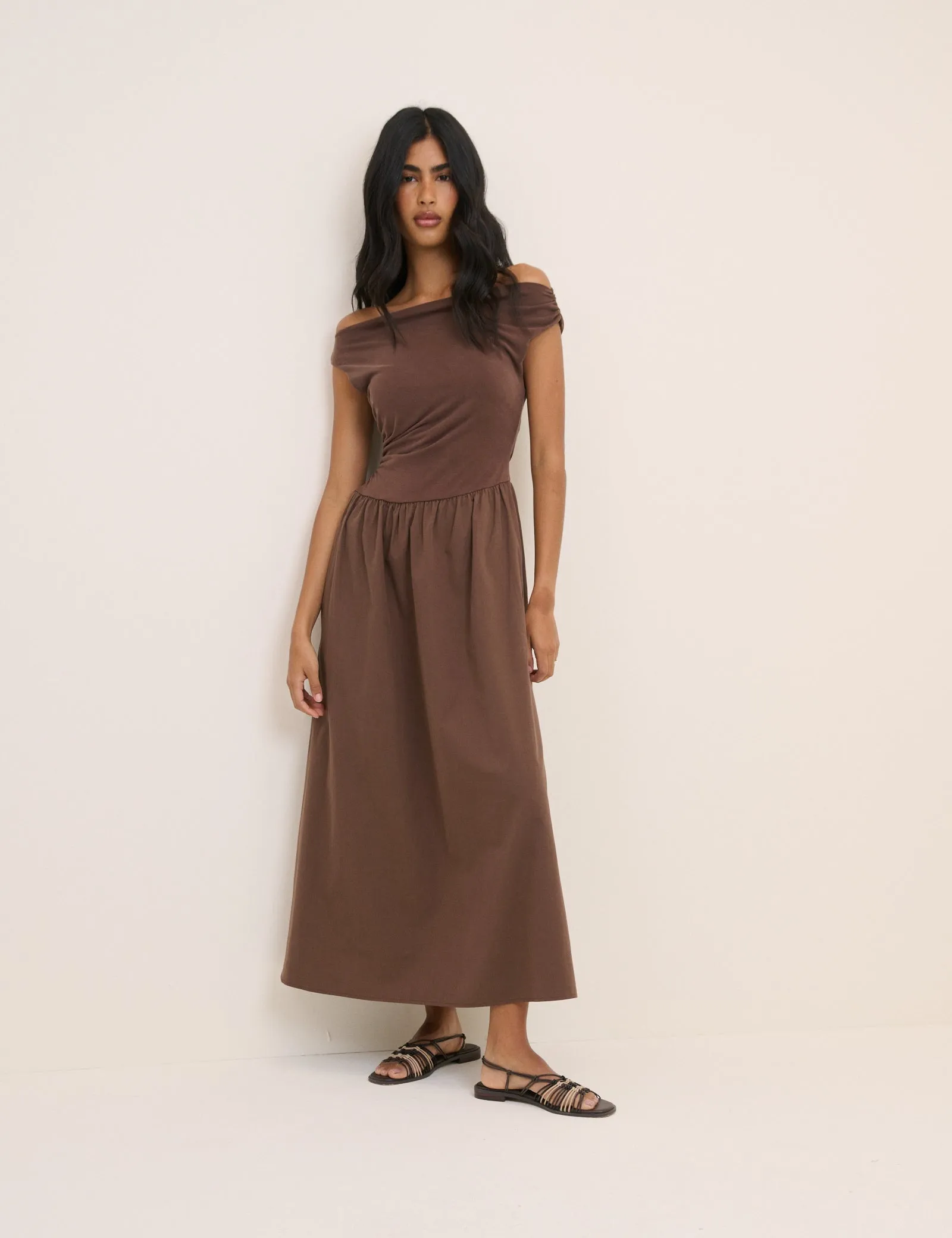 Brown Draped Off Shoulder Beth Midi Dress sold by Nobody's Child product image thumbnail 5