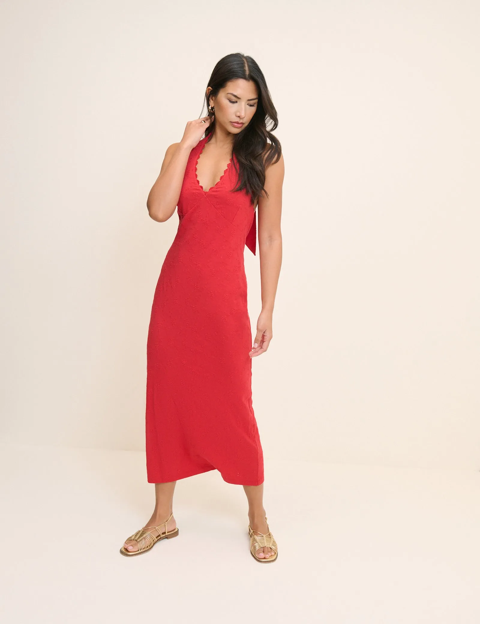 Red Floral Halterneck Ivie Midi Dress sold by Nobody's Child