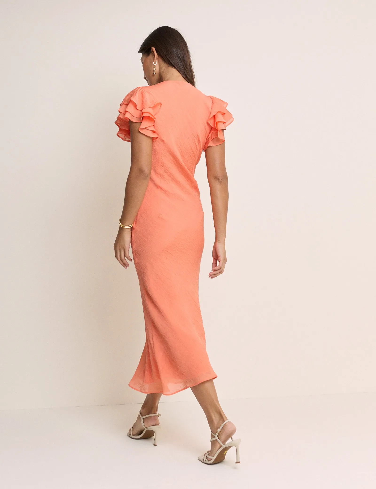 Coral Frill Sleeve Layla Midi Dress sold by Nobody's Child product image thumbnail 5