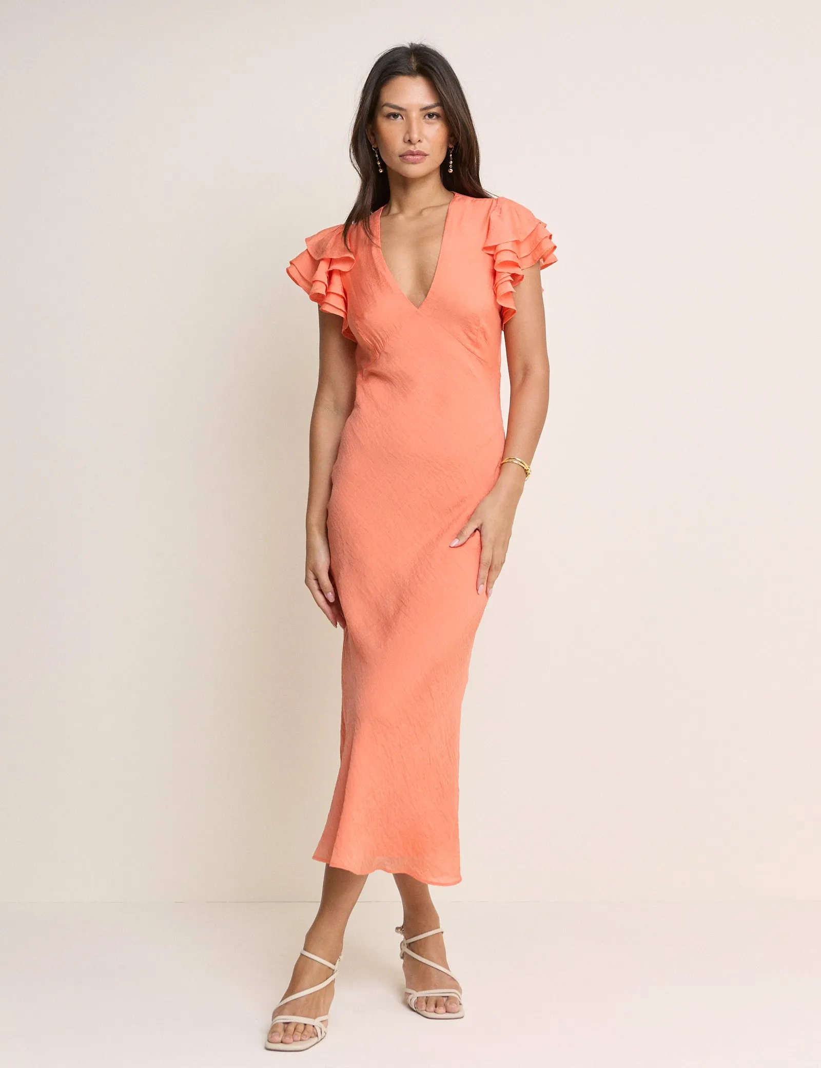 Coral Frill Sleeve Layla Midi Dress sold by Nobody's Child