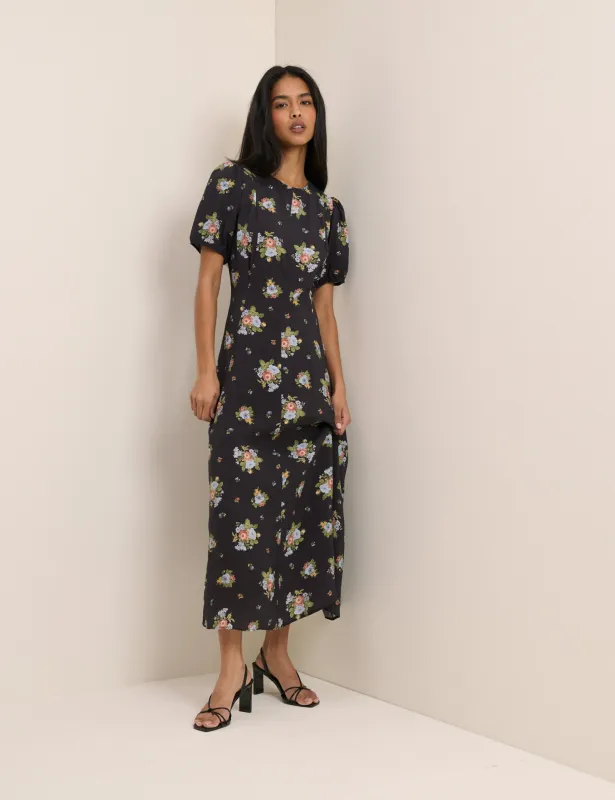 Black Floral Puff Sleeve Claudine Midi Dress made by Nobody's Child