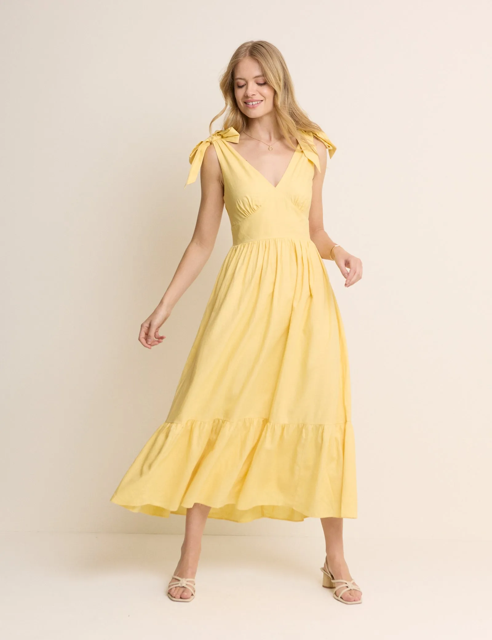 Yellow Tiered Coen Midi Dress sold by Nobody's Child