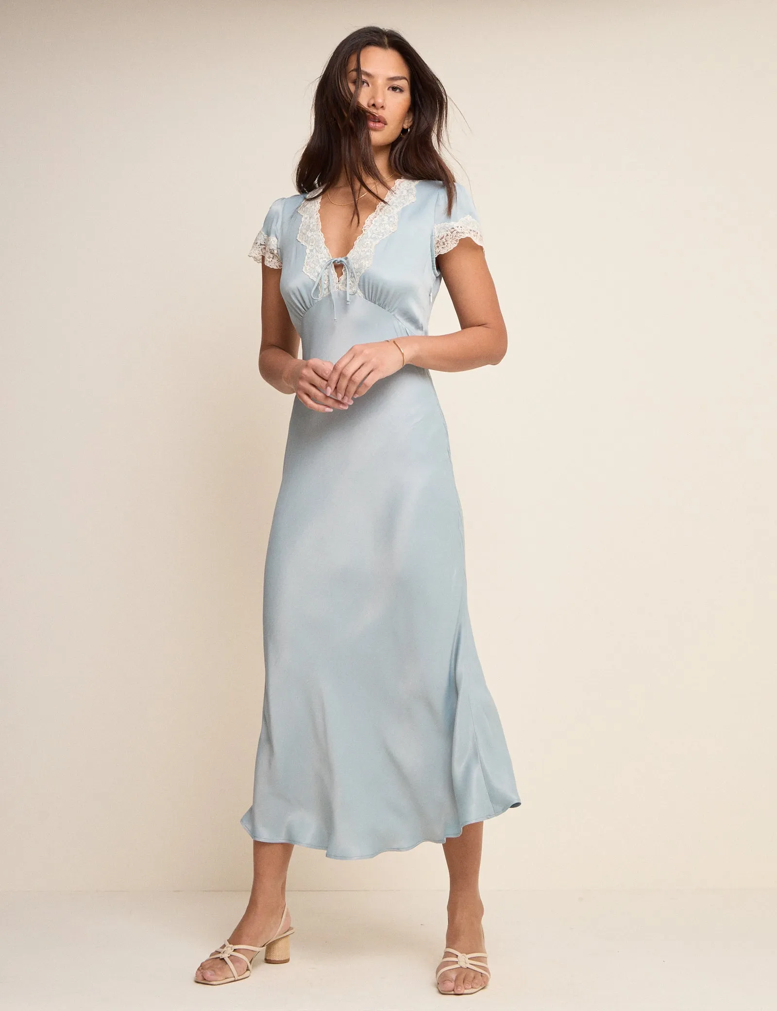Blue Lace Trim Aida Midi Dress sold by Nobody's Child