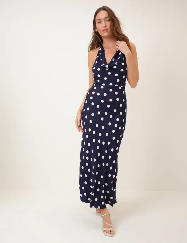 Navy Polka Dot Cowl Halterneck Dolly Maxi Dress made by Nobody's Child