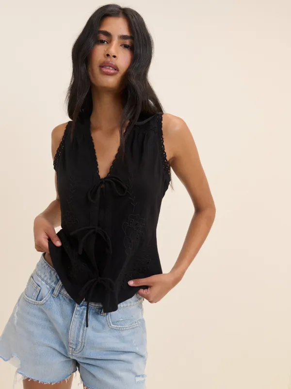Black Embroidered Tie Front Top made by Nobody's Child