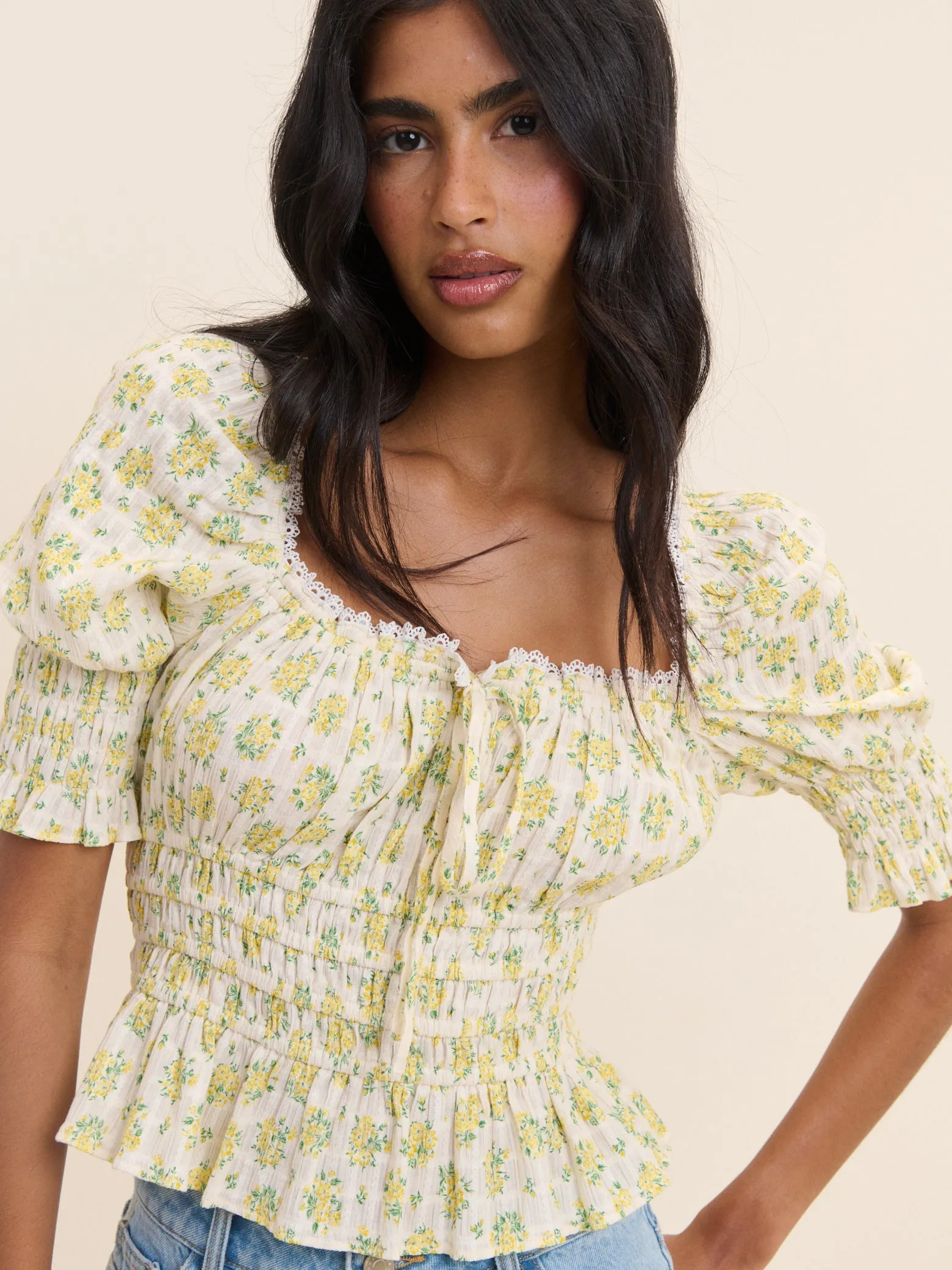 White and Yellow Floral Shirred Top sold by Nobody's Child product image thumbnail 2