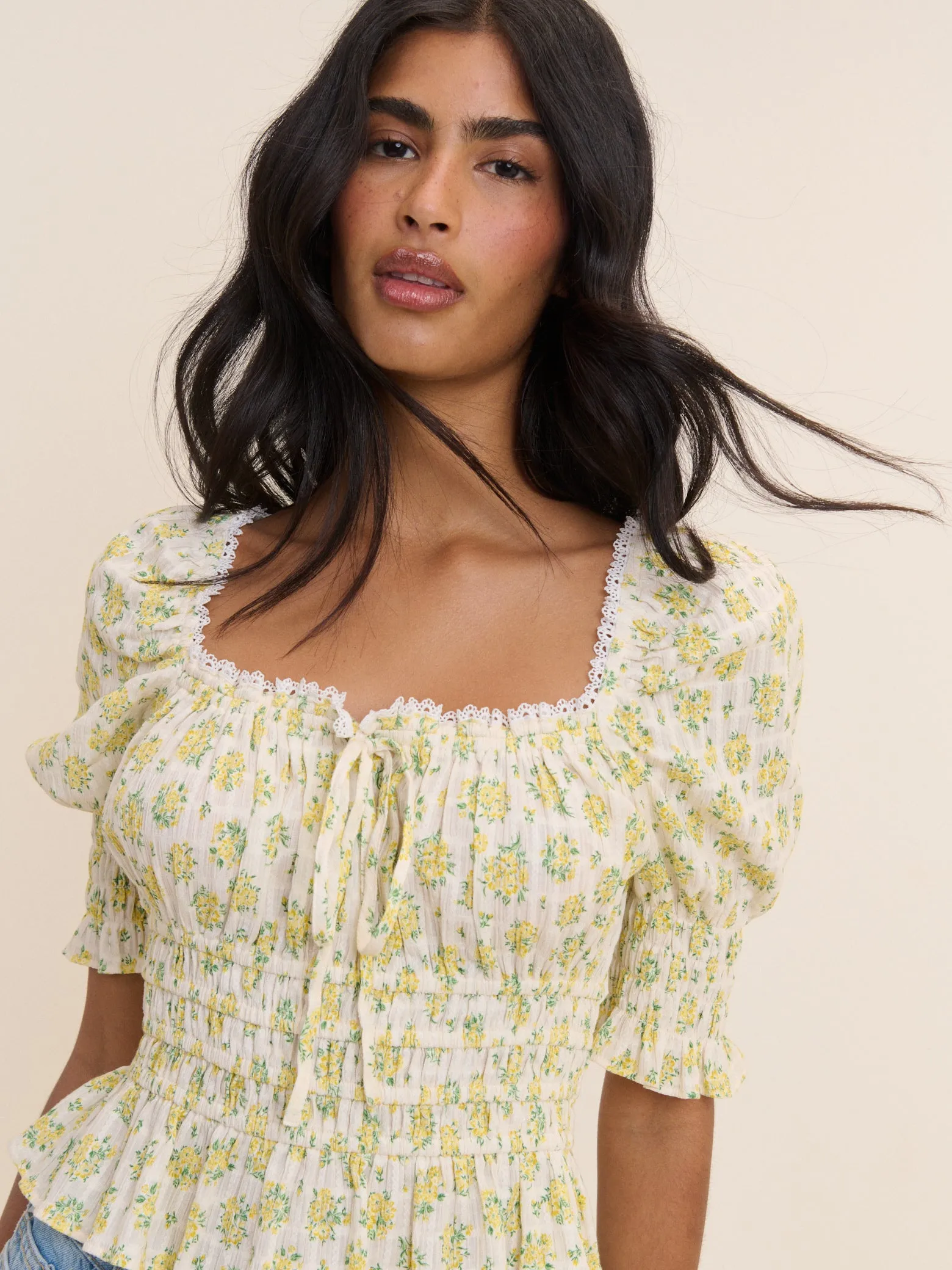 White and Yellow Floral Shirred Top sold by Nobody's Child product image thumbnail 4