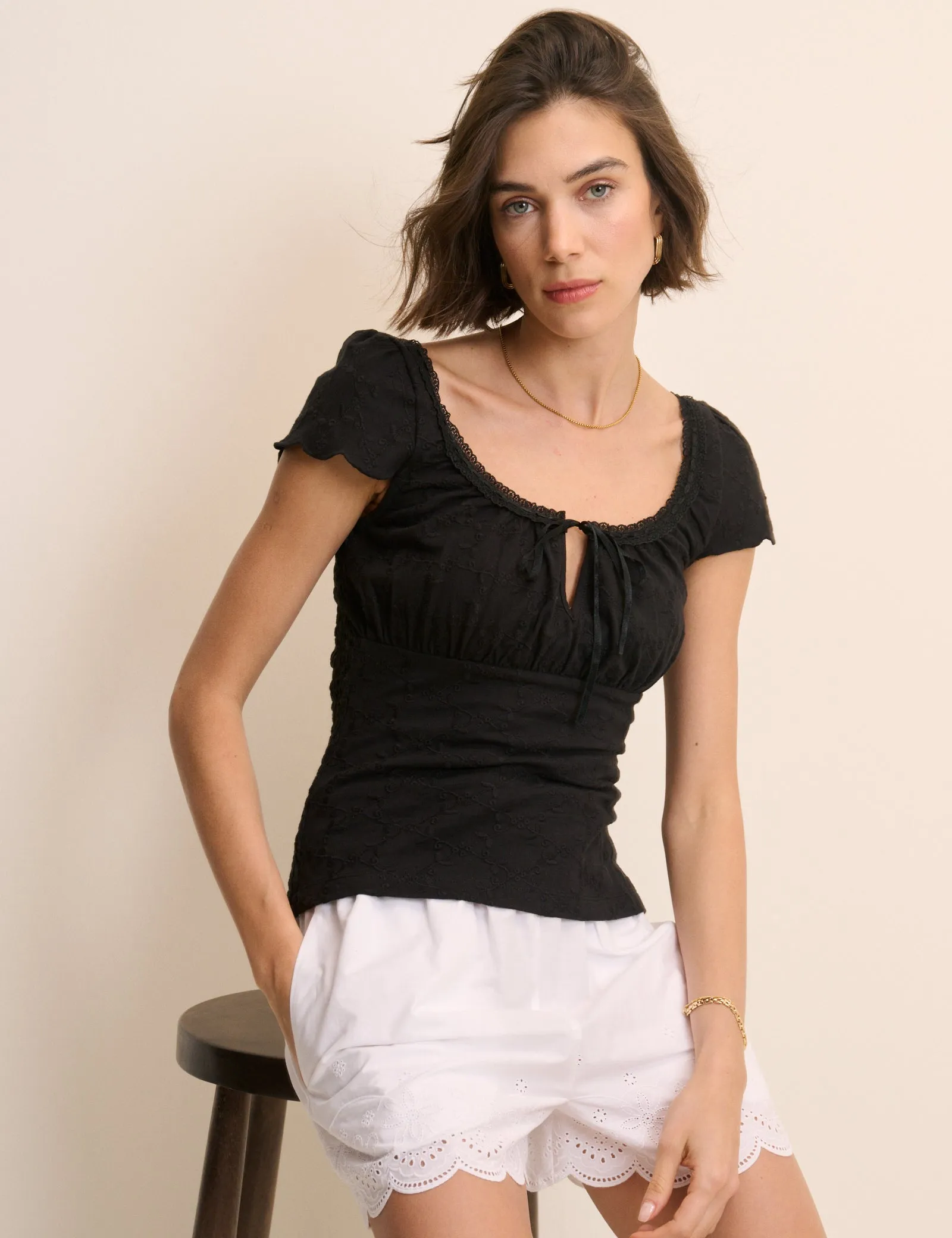 Black Broderie Milkmaid Jersey Top sold by Nobody's Child product image thumbnail 3