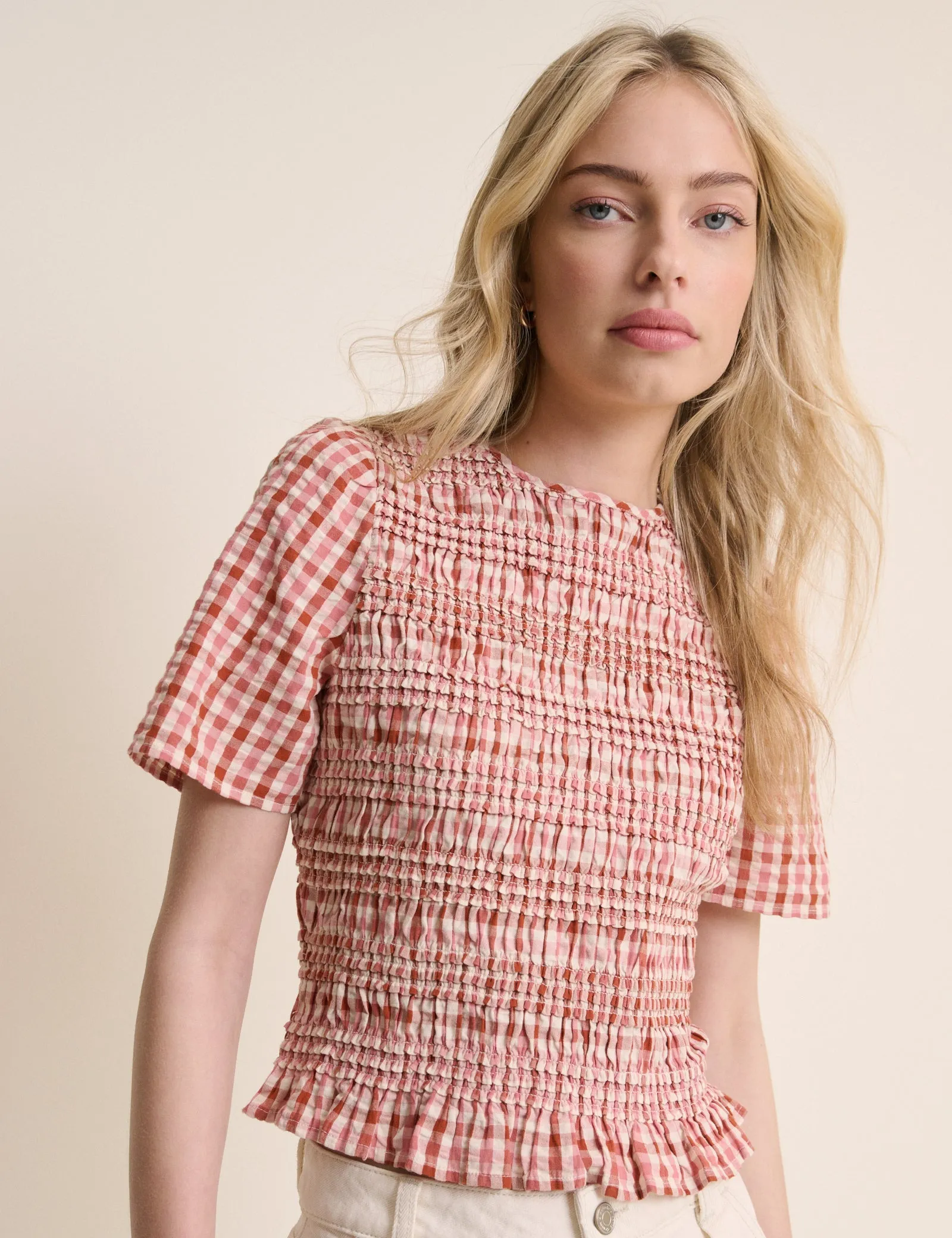 Red and Pink Gingham Shirred Top sold by Nobody's Child