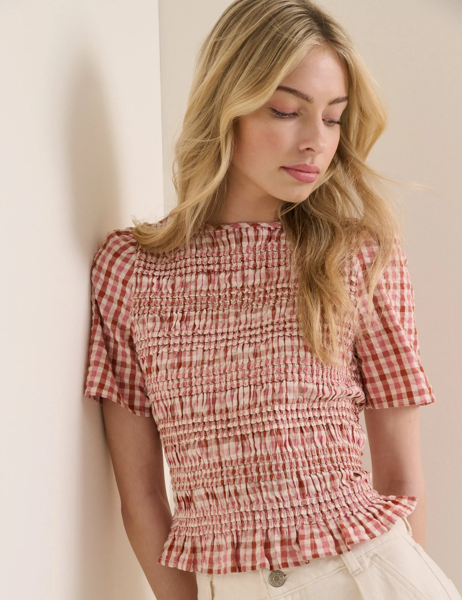 Red and Pink Gingham Shirred Top sold by Nobody's Child product image thumbnail 4