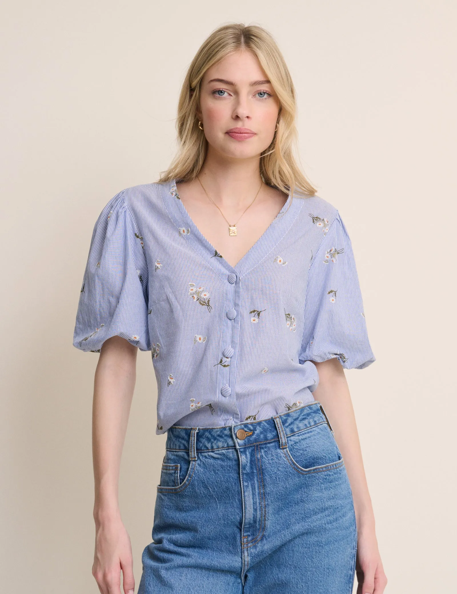 Blue Ditsy Floral Puff Sleeve Top sold by Nobody's Child product image thumbnail 3