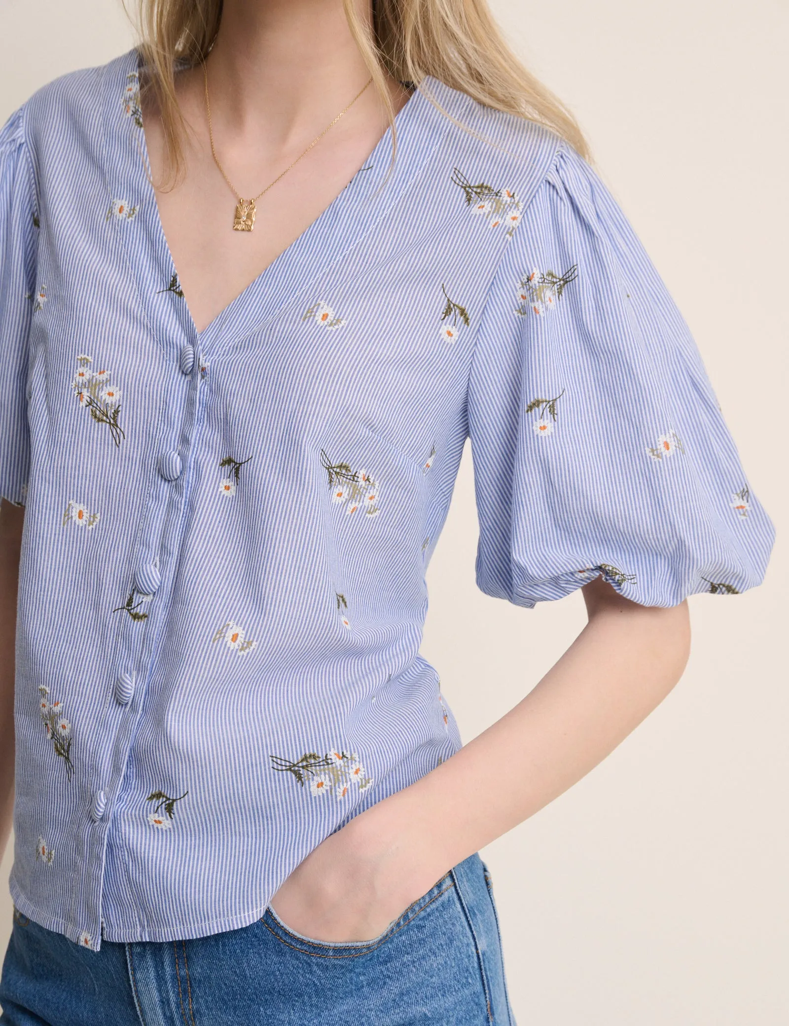Blue Ditsy Floral Puff Sleeve Top sold by Nobody's Child product image thumbnail 4