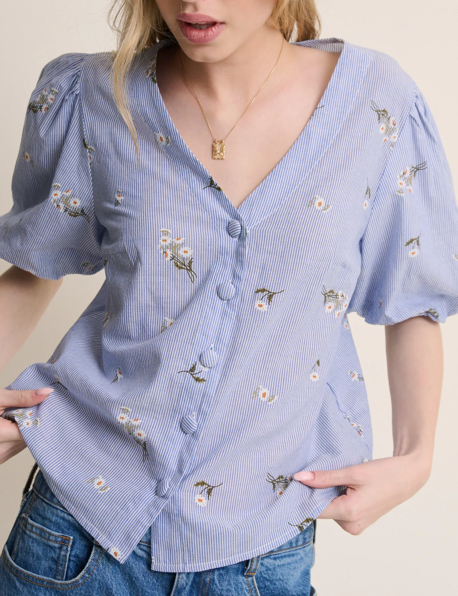 Blue Ditsy Floral Puff Sleeve Top sold by Nobody's Child product image thumbnail 2