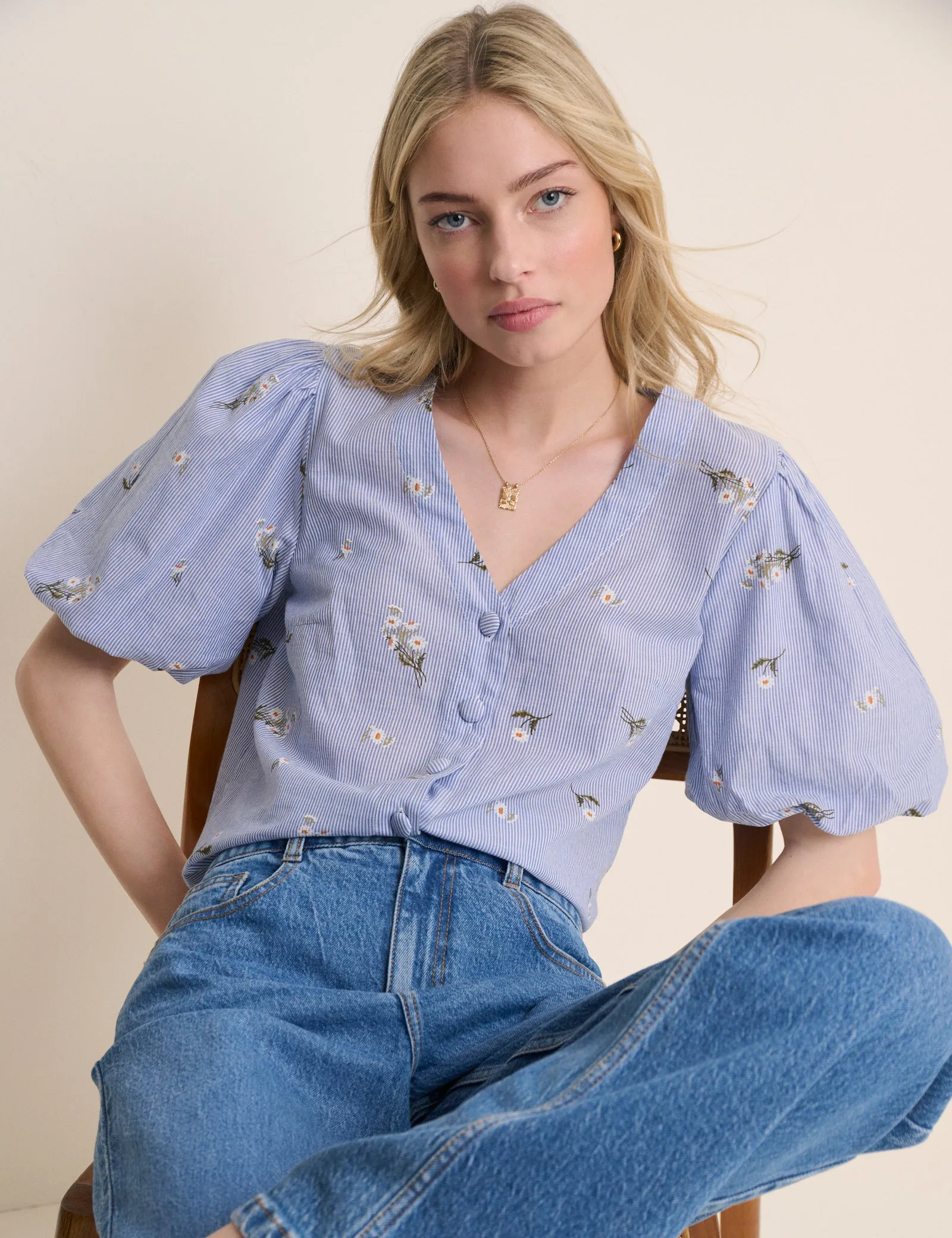Blue Ditsy Floral Puff Sleeve Top sold by Nobody's Child